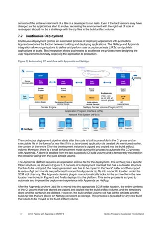 14 CI/CD Pipeline with Apprenda on ONTAP 9 DevOps Process for Accelerated Time to Market
consists of the entire environment of a QA or a developer to run tests. Even if the tool versions may have
changed as the applications start to evolve, recreating the environment with the right set of tools in
restrospect should not be a challenge with the zip files in the build artifact volume.
7.2 Continuous Deployment
Continuous deployment (CD) is an automated process of deploying applications into production.
Apprenda reduces the friction between building and deploying applications. The NetApp and Apprenda
integration allows organizations to define and perform user acceptance tests (UATs) and publish
applications at scale. This integration allows businesses to accelerate the process from designing the
user requirements to finally deploying the application to production.
The continuous deployment pipeline starts after the code is built successfully in the CI phase and an
executable file in the form of a .war file (if it is a Java-based application) is created. As mentioned earlier,
the content of the entire CI or the development instance is zipped and copied into the build artifact
volume. However, there is a small enhancement made during this process to automate the CD process
with Apprenda. A clone is created from the last successful CI build volume and is temporarily mounted on
the container along with the build artifact volume.
The Apprenda platform requires an application archive file for the deployment. The archive has a specific
folder structure, as shown in Figure 5. It consists of a deployment manifest that has a subfolder structure
that has to be unzipped; the newly generated .war has to be copied in the “wars” folder and then zipped.
A series of git commands are performed to move this Apprenda zip file into a specific location under the
SCM tool directory. The Apprenda Jenkins plug-in now automatically looks for the archive file in the new
location mentioned in Figure 5 and finally deploys it to the platform. This entire process is scripted to
automate and improve the deployment experience with Apprenda on NetApp.
After the Apprenda archive (zip) file is moved into the appropriate SCM folder location, the entire contents
of the CI volume that was cloned are zipped and copied into the build artifact volume, and the temporary
clone and the container are deleted. However, the build artifact volume still has all the artifacts and the
build zip files that are stored on NetApp persistent as storage. This process is repeated for any new build
that needs to be moved to the build artifact volume.
Figure 5) Automating CD workflow with Apprenda and NetApp.
Figure 5) Automating CD workflow with Apprenda and NetApp.
 