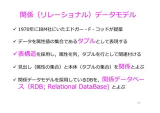 関係（リレーショナル）データモデル
10
 1970年にIBM社にいたエドガー・F・コッドが提案
 データを属性値の集合であるタプルとして表現する
表構造を採⽤し，属性を列，タプルを⾏として関連付ける
 ⾒出し（属性の集合）と本体（タプルの集合）を関係とよぶ
 関係データモデルを採⽤しているDBを，関係データベー
ス（RDB; Relational DataBase) とよぶ
 