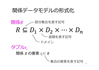 関係データモデルの形式化
16
関係R
タプルti
関係 R の要素 ti∈ R
集合の要素を表す記号
部分集合を表す記号
ドメイン
直積を表す記号
 