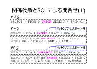 関係代数とSQLによる問合せ(1)
56
P∪Q
SELECT * FROM P UNION SELECT * FROM Q;
P∩Q
SELECT * FROM P INTERSECT SELECT * FROM Q;
SELECT * FROM P WHERE EXISTS (SELECT * FROM Q
WHERE P.名前 = Q.名前 AND P.所在地 = Q.所在地);
P－Q
SELECT * FROM P WHERE NOT EXISTS (SELECT * FROM Q
WHERE P.名前 = Q.名前 AND P.所在地 = Q.所在地);
SELECT * FROM P EXCEPT SELECT * FROM Q;
MySQLではサポート外
MySQLではサポート外
 