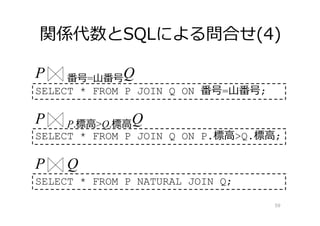 関係代数とSQLによる問合せ(4)
59
SELECT * FROM P JOIN Q ON 番号=⼭番号;
P 番号=⼭番号Q
SELECT * FROM P JOIN Q ON P.標⾼>Q.標⾼;
P P.標⾼>Q.標⾼Q
SELECT * FROM P NATURAL JOIN Q;
P Q
 