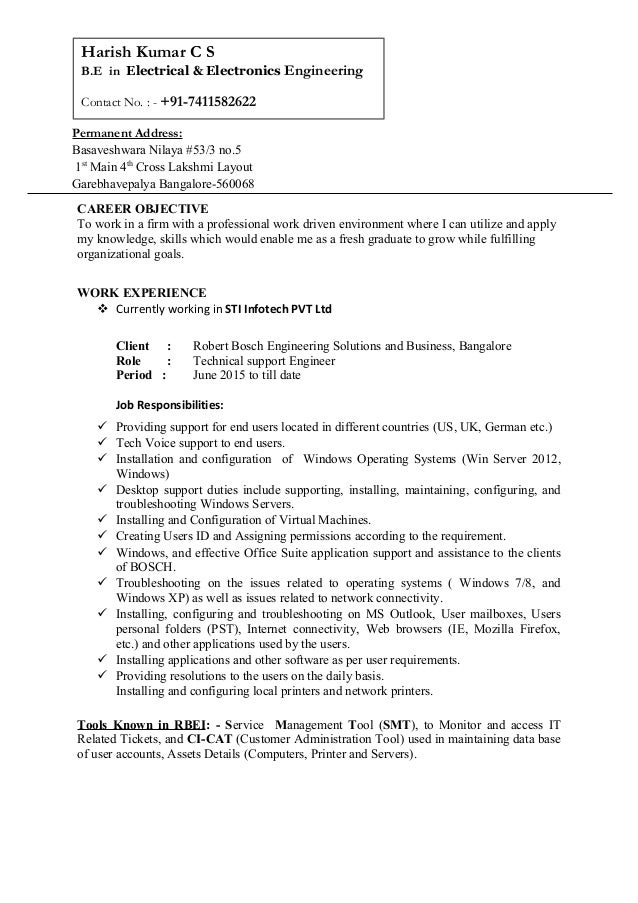 Harish Kumar C S Resume Experience