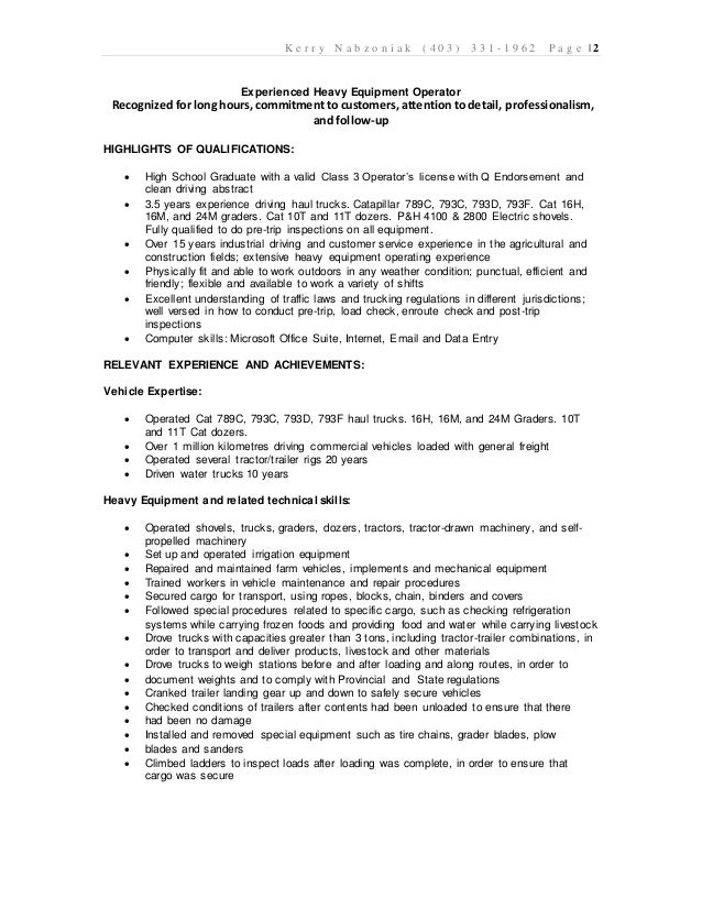 resume for heavy equipment operator