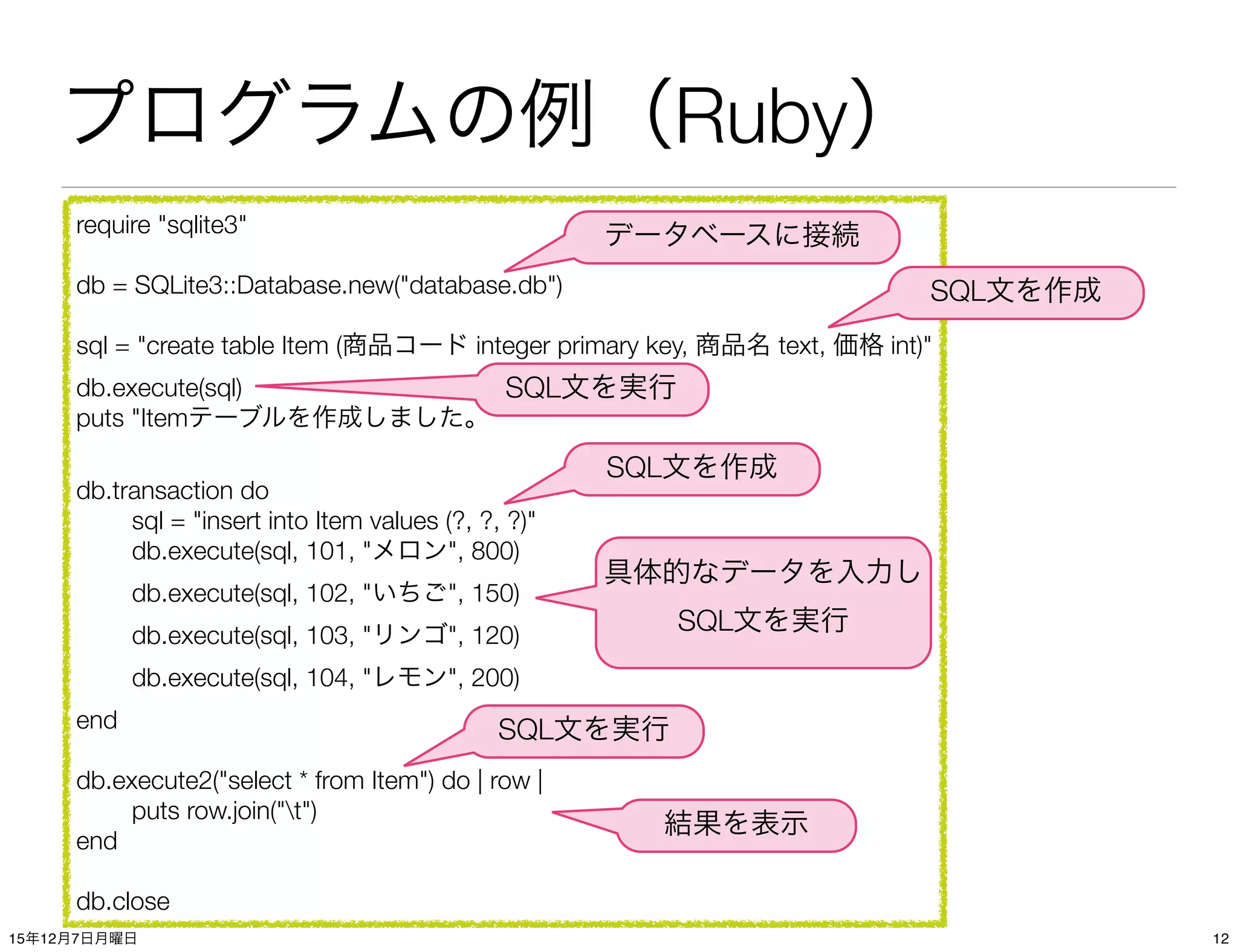 プログラムの例（Ruby）
require "sqlite3"
db = SQLite3::Database.new("database.db")
sql = "create table Item (商品コード integer primary key, 商品名 text, 価格 int)"
db.execute(sql)
puts "Itemテーブルを作成しました。"
db.transaction do
	 sql = "insert into Item values (?, ?, ?)"

 db.execute(sql, 101, "メロン", 800)

 db.execute(sql, 102, "いちご", 150)

 db.execute(sql, 103, "リンゴ", 120)

 db.execute(sql, 104, "レモン", 200)
end
db.execute2("select * from Item") do | row |
	 puts row.join("t")
end
db.close
SQL文を作成
SQL文を作成
SQL文を実行
具体的なデータを入力し
SQL文を実行
SQL文を実行
結果を表示
データベースに接続
1215年12月7日月曜日
 