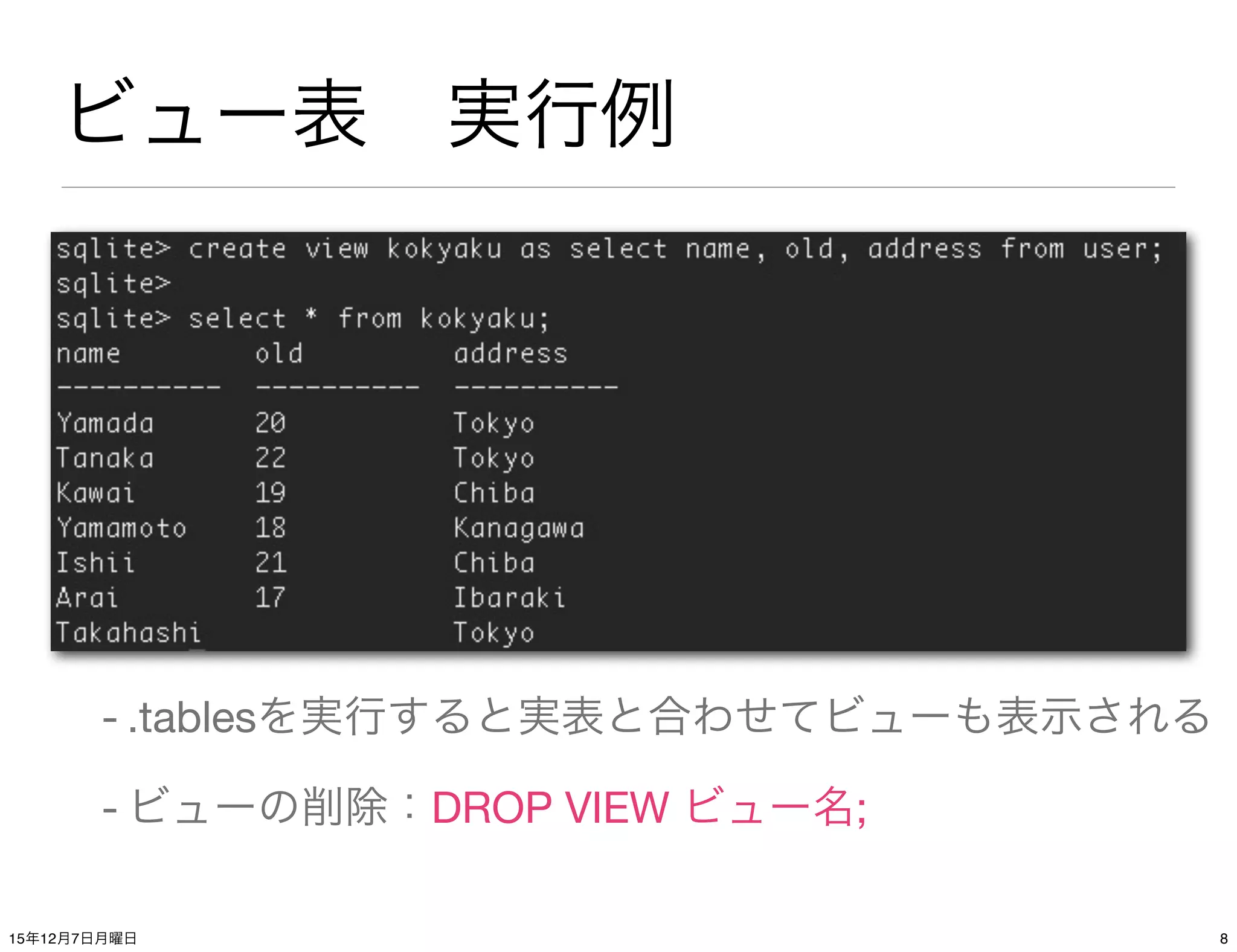 ビュー表 実行例
- .tablesを実行すると実表と合わせてビューも表示される
- ビューの削除：DROP VIEW ビュー名;
815年12月7日月曜日
 