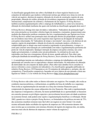 A classificação agregada deste ano sobre a facilidade de se fazer negócios baseia-se em
conjuntos de indicadores que medem e referenciam normas que afetam nove áreas no ciclo de
vida de um negócio: abertura do negócio; obtenção de alvarás de construção; registro de uma
propriedade; obtenção de crédito; proteção de investidores; pagamento de impostos; comércio
internacional; cumprimento de contratos; e fechamento de um negócio. O Doing Business
também examina regulamentações sobre o emprego de trabalhadores e, como nova iniciativa,
obtenção de eletricidade (nenhuma das quais está incluída na classificação agregada deste ano).1
O Doing Business abrange dois tipos de dados e indicadores. “Indicadores de pontuação legal”,
tais como proteções ao investidor e direitos legais de mutuários e mutuantes, proporcionam uma
medição das disposições jurídicas constantes das leis e regulamentações que figuram nos livros.
O Doing Business atribui uma pontuação mais elevada para direitos de propriedade e proteção
aos investidores mais fortes, tais como requisitos mais rigorosos na divulgação de transações
com partes relacionadas. Os "indicadores de tempo e movimento", tais como o de abertura de um
negócio, registo de propriedade e obteção de alvarás de construção medem a eficiência e a
complexidade para se atingir uma meta normativa registrando os procedimentos, o tempo e o
custo para concluir uma transação em conformidade com todas a regulamentações pertinentes do
ponto de vista do empresário. Qualquer interação da empesa com partes externas, tais como
órgãos governamentais, é contada como um procedimento. As estimativas de custo são
registradas com base nos cronogramas oficiais de taxas, quando aplicável. Para obter uma
explicação detalhada da metodologia do Doing Business, favor consultar as Notas de Dados.
1. A metodologia inerente aos indicadores referentes a emprego de trabalhadores está sendo
aprimorada em consulta com os especialistas e demais interessados. Os indicadores de obtenção
da eletricidade são um conjunto de dados-piloto. (Para obter mais detalhes favor consultar os
anexos referentes a esses conjuntos de indicadores.) As classificações agregadas publicadas no
relatório Doing Business 2010 basearam-se em 10 conjuntos de indicadores e, portanto, não são
comparáveis. Classificações comparáveis, baseadas em nove tópicos do ano passado e deste ano
figuram na Tabela 1.2 e no website do Doing Business (http://www.doingbusiness.org)
______________________________________________________________________________
O Doing Business não cobre todos os fatores relevantes aos negócios. Por exemplo, não avalia as
condições macroeconômicas, a infraestrutura, as aptidões da força de trabalho ou a segurança.
Nem avalia as regulamentações do mercado ou a força dos sistemas financeiros para a
compreensão de algumas das causas subjacentes da crise financeira. Mas onde a regulamentação
das empresas é transparente e eficiente, há menor probabilidade de as oportunidades se basearem
em conexões pessoais ou privilégios especiais e provavelmente haverá mais atividade econômica
na economia formal, onde poderá estar sujeito a regulamentações benéficas e à tributação. Desde
2003, quando teve início o projeto Doing Business, os formuladores de políticas em mais de 75%
das economias mundiais tornaram mais fácil abrir um negócio no setor formal. Um estudo
recente utilizando dados recolhidos de registros de empresas em 100 economias durante oito
anos revelou que as economias com sistemas eficientes de registro de empresas têm, em média,
uma taxa mais alta de abertura de empresas e maior volume de negócios.2
FIGURA 1.2
 