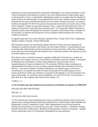 melhorias ao sistema automatizado de informação alfandegária e aos sistemas baseados no risco.
Vários documentos relacionadas ao comércio, tais como conhecimento de carga, podem agora
ser apresentados on-line e as declarações alfandegárias podem ser enviadas antes da chegada da
carga. Esforços de modernização, já em andamento há vários anos, também incluem um sistema
de gestão de risco para controlar mercadorias que atravessam a fronteira nacional e um sistema
moderno de inspeção (TC-SCAN) no ponto de cruzamento da fronteira em comum com a China.
Como resultado, o tempo de exportação caiu para 8 dias, o tempo de importação para 9 dias e o
número de documentos requeridos para comerciar para 1. O Cazaquistão também aumentou os
requisitos jurídicos para divulgação de transações com partes relacionadas. Graçs a emendas na
lei societária, as empresas devem descrever em seu relatório anual transações que envolvem
conflitos de interesse.
O segundo lugar deste ano coube à Ruanda, seguida do Peru, Vietnã, Cabo Verde, Tadjiquistão,
Zâmbia, Hungria, Grenada, e Brunei Darussalam.
Movimentações anuais nas classificações podem oferecer às firmas uma certa indicação de
mudanças no ambiente normativo das firmas, mas são sempre relativas. A classificação de uma
economia pode mudar devido ao desenvolvimento de outras economias. Além disso, mudanças
de ano para ano nas classificações não refletem como o ambiente normativo de negócios em uma
economia mudou com o tempo.
Para ilustrar como o ambiente normativo, segundo medido pelo Doing Business, mudou nas
economias com o tempo, neste ano o Doing Business introduziu uma nova medida. A pontuação
de Mudanças do Doing Business oferece uma medição de 5 anos do modo como as
regulamentações de negócios mudaram em 174 economias.8 Reflete todas as mudanças na
regulamentação de negócios de uma economia segundo medidas pelos indicadores do Doing
Business – tais como a redução no tempo de abertura de um negócio graças a um serviço
centralizado ou ao aumento da solidez do índice de proteção ao investidor graças às novas
normas da bolsa de valores que reforçam os requisitos de divulgação no caso de transações com
partes relacionadas. As conclusões são encorajadoras: em cerca de 85% das 174 economias, é
mais fácil de se fazer negócios para firmas locais (Figura 1.4).
TABELA 1.3
As 10 economias que mais melhoraram em matéria de facilitação de negócios em 2009-2010
[PLEASE SEE PDF FOR FIGURE]
FIGURA 1.4
[PLEASE SEE PDF FOR FIGURE]
As 10 economias que mais progrediram para tornar seu ambiente normativo mais favorável aos
negócios são a Geórgia, Ruanda, Bielorrússia, Burkina Faso, Arábia Saudita, Mali, República do
Quirguistão, Croácia, Cazaquistão e Gana. Todos implementaram mais de uma dezena de
reformas do Doing Business no período de cinco anos. Várias economias – incluindo a Geórgia,
Ruanda, Bielorrússia, Burkina Faso, República do Quirguistão, Croácia e Cazaquistão – também
foram reconhecidas como os 10 principais reformadores nos anos anteriores.
 
