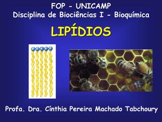 LIPÍDIOS
Profa. Dra. Cínthia Pereira Machado Tabchoury
FOP - UNICAMP
Disciplina de Biociências I - Bioquímica
 