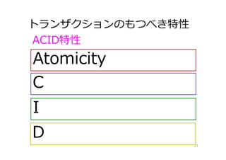 トランザクションのもつべき特性
23
ACID特性
Atomicity
C
I
D
 