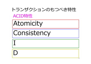 トランザクションのもつべき特性
29
ACID特性
Atomicity
Consistency
I
D
 