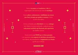 Somos um grupo que transforma a vida das
organizações e das pessoas por meio da tecnologia. 
Nossa cultura, conhecimento e habilidades nos movem
para fazer entregas que ajudam as pessoas a terem
um dia a dia melhor.  
Somos conhecidos pela efetividade de nossas entregas
bem-feitas e no prazo combinado, cuidando para que
cada pessoa envolvida seja iluminada pela experiência
de trabalhar conosco. 
Construiremos um NOME que vai durar gerações
e vai representar um conjunto de indivíduos extraordinários,
com talento, alto desempenho e engajamento nas missões
que lhe são confiadas.
SOMOS DB1 
 
