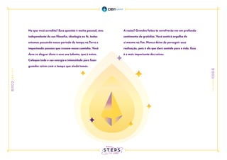 No que você acredita? Essa questão é muito pessoal, mas
independente da sua filosofia, ideologia ou fé, todos
estamos passando nosso período de tempo na Terra e
impactando pessoas que cruzam nosso caminho. Você
deve se alegrar disso e usar seu talento, que é único.
Coloque toda a sua energia e intensidade para fazer
grandes coisas com o tempo que ainda temos.
A razão? Grandes feitos te envolverão em um profundo
sentimento de gratidão. Você sentirá orgulho de
si mesmo no fim. Nunca deixe de perseguir essa
realização, pois é ela que dará sentido para a vida. Essa
é a mais importante das coisas.
 