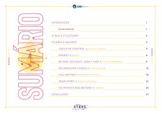 INTRODUÇÃO
( M A N I F E S T O )
O QUE É A CULTURA?
PILARES E VALORES
LOCUS OF CONTROL
ENERGY
BE FAIR, DO RIGHT, DON’T HIDE
DO AWESOME THINGS
YOU MATTER
TEAM SPIRIT
TO INFINITY AND BEYOND
CONCLUSÃO
1
1
2
3
3
6
9
13
16
21
25
27
SUMÁRIO L Ó C U S D E C O N T R O L E
e n e r g i a
É T I C A E T R A N S PA R Ê N C I A
E N T R E G A D E VA L O R
VA L O R I Z A Ç Ã O DA S P E S S O A S
T R A B A L H O E M E Q U I P E
I N O VA Ç Ã O
 