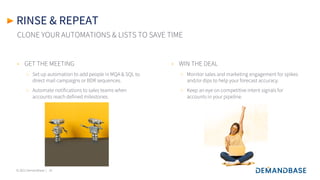 © 2021 Demandbase |
RINSE & REPEAT
• GET THE MEETING
○ Set up automation to add people in MQA & SQL to
direct mail campaigns or BDR sequences.
○ Automate notifications to sales teams when
accounts reach defined milestones.
16
CLONE YOUR AUTOMATIONS & LISTS TO SAVE TIME
• WIN THE DEAL
○ Monitor sales and marketing engagement for spikes
and/or dips to help your forecast accuracy.
○ Keep an eye on competitive intent signals for
accounts in your pipeline.
 
