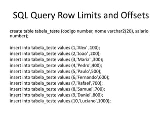 SQL Query Row Limits and Offsets
select codigo, nome, salario
from tabela_teste
order by salario desc
FETCH FIRST 5 ROWS O...