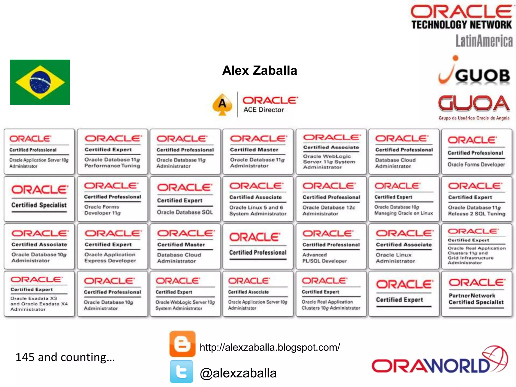 Alex Zaballa
http://alexzaballa.blogspot.com/
@alexzaballa
145 and counting…
 