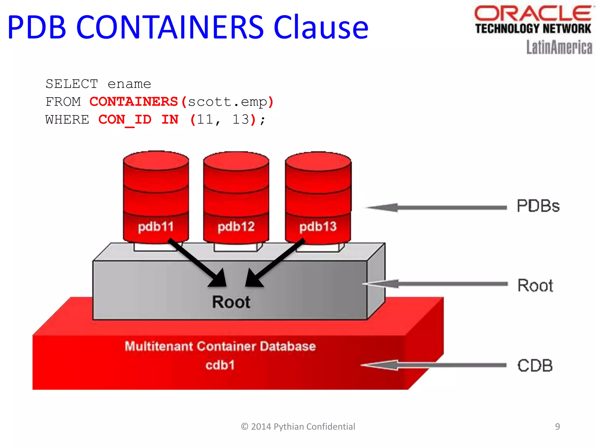 © 2014 Pythian Confidential 9
PDB CONTAINERS Clause
SELECT ename
FROM CONTAINERS(scott.emp)
WHERE CON_ID IN (11, 13);
 