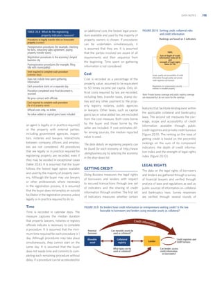 DATA NOTES

Postregistration procedures (for example, ﬁling
title with municipality)

an additional cost, the fastest legal procedure available and used by the majority of
property owners is chosen. If procedures
can be undertaken simultaneously, it
is assumed that they are. It is assumed
that the parties involved are aware of all
requirements and their sequence from
the beginning. Time spent on gathering
information is not considered.

Time required to complete each procedure
(calendar days)

Cost

TABLE 20.6 What do the registering
property indicators measure?
Procedures to legally transfer title on immovable
property (number)

Preregistration procedures (for example, checking
for liens, notarizing sales agreement, paying
property transfer taxes)
Registration procedures in the economy’s largest
business city

Does not include time spent gathering
information
Each procedure starts on a separate day
Procedure completed once ﬁnal document is
received
No prior contact with ofﬁcials
Cost required to complete each procedure
(% of of property value)

Ofﬁcial costs only, no bribes
No value added or capital gains taxes included

an agent is legally or in practice required)
or the property with external parties,
including government agencies, inspectors, notaries and lawyers. Interactions
between company officers and employees are not considered. All procedures
that are legally or in practice required for
registering property are recorded, even if
they may be avoided in exceptional cases
(table 20.6). It is assumed that the buyer
follows the fastest legal option available
and used by the majority of property owners. Although the buyer may use lawyers
or other professionals where necessary
in the registration process, it is assumed
that the buyer does not employ an outside
facilitator in the registration process unless
legally or in practice required to do so.

Time
Time is recorded in calendar days. The
measure captures the median duration
that property lawyers, notaries or registry
officials indicate is necessary to complete
a procedure. It is assumed that the minimum time required for each procedure is 1
day. Although procedures may take place
simultaneously, they cannot start on the
same day. It is assumed that the buyer
does not waste time and commits to completing each remaining procedure without
delay. If a procedure can be accelerated for

Cost is recorded as a percentage of the
property value, assumed to be equivalent
to 50 times income per capita. Only ofﬁcial costs required by law are recorded,
including fees, transfer taxes, stamp duties and any other payment to the property registry, notaries, public agencies
or lawyers. Other taxes, such as capital
gains tax or value added tax, are excluded
from the cost measure. Both costs borne
by the buyer and those borne by the
seller are included. If cost estimates differ among sources, the median reported
value is used.
The data details on registering property can
be found for each economy at http://www
.doingbusiness.org by selecting the economy
in the drop-down list.

FIGURE 20.10 Getting credit: collateral rules
and credit information
Rankings are based on 2 indicators

100%
Sum of depth of credit
information index (0–6)
and
strength of legal rights
index (0–10)

Scope, quality and accessibility of credit
information through public and private
credit registries and bureaus
Regulations on nonpossessory security
interests in movable property

Note: Private bureau coverage and public registry coverage
are measured but do not count for the rankings.

features that facilitate lending exist within
the applicable collateral and bankruptcy
laws. The second set measures the coverage, scope and accessibility of credit
information available through public
credit registries and private credit bureaus
(ﬁgure 20.9). The ranking on the ease of
getting credit is based on the percentile
rankings on the sum of its component
indicators: the depth of credit information index and the strength of legal rights
index (ﬁgure 20.10).

LEGAL RIGHTS

GETTING CREDIT
Doing Business measures the legal rights
of borrowers and lenders with respect
to secured transactions through one set
of indicators and the sharing of credit
information through another. The ﬁrst set
of indicators measures whether certain

The data on the legal rights of borrowers
and lenders are gathered through a survey
of ﬁnancial lawyers and veriﬁed through
analysis of laws and regulations as well as
public sources of information on collateral
and bankruptcy laws. Survey responses
are veriﬁed through several rounds of

FIGURE 20.9 Do lenders have credit information on entrepreneurs seeking credit? Is the law
favorable to borrowers and lenders using movable assets as collateral?

Credit inform
ation
Potential
borrower

Can movable assets be
used as collateral?

Movable
asset

Collateral
registry
What types can be
used as collateral?

Lender

Credit registries and
credit bureaus
Can lenders access
credit information
on borrowers?

115

 