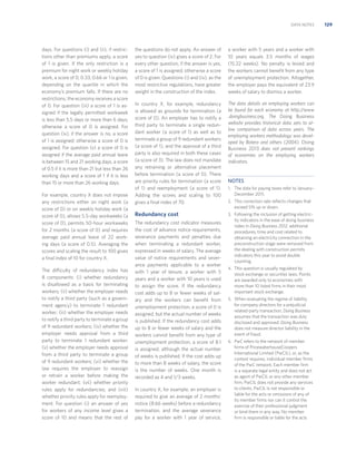 DATA NOTES

days. For questions (i) and (ii), if restrictions other than premiums apply, a score
of 1 is given. If the only restriction is a
premium for night work or weekly holiday
work, a score of 0, 0.33, 0.66 or 1 is given,
depending on the quartile in which the
economy’s premium falls. If there are no
restrictions, the economy receives a score
of 0. For question (iii) a score of 1 is assigned if the legally permitted workweek
is less than 5.5 days or more than 6 days;
otherwise a score of 0 is assigned. For
question (iv), if the answer is no, a score
of 1 is assigned; otherwise a score of 0 is
assigned. For question (v) a score of 0 is
assigned if the average paid annual leave
is between 15 and 21 working days, a score
of 0.5 if it is more than 21 but less than 26
working days and a score of 1 if it is less
than 15 or more than 26 working days.
For example, country X does not impose
any restrictions either on night work (a
score of 0) or on weekly holiday work (a
score of 0), allows 5.5-day workweeks (a
score of 0), permits 50-hour workweeks
for 2 months (a score of 0) and requires
average paid annual leave of 22 working days (a score of 0.5). Averaging the
scores and scaling the result to 100 gives
a ﬁnal index of 10 for country X.
The difficulty of redundancy index has
8 components: (i) whether redundancy
is disallowed as a basis for terminating
workers; (ii) whether the employer needs
to notify a third party (such as a government agency) to terminate 1 redundant
worker; (iii) whether the employer needs
to notify a third party to terminate a group
of 9 redundant workers; (iv) whether the
employer needs approval from a third
party to terminate 1 redundant worker;
(v) whether the employer needs approval
from a third party to terminate a group
of 9 redundant workers; (vi) whether the
law requires the employer to reassign
or retrain a worker before making the
worker redundant; (vii) whether priority
rules apply for redundancies; and (viii)
whether priority rules apply for reemployment. For question (i) an answer of yes
for workers of any income level gives a
score of 10 and means that the rest of

the questions do not apply. An answer of
yes to question (iv) gives a score of 2. For
every other question, if the answer is yes,
a score of 1 is assigned; otherwise a score
of 0 is given. Questions (i) and (iv), as the
most restrictive regulations, have greater
weight in the construction of the index.

a worker with 5 years and a worker with
10 years equals 3.5 months of wages
(15.22 weeks). No penalty is levied and
the workers cannot beneﬁt from any type
of unemployment protection. Altogether,
the employer pays the equivalent of 23.9
weeks of salary to dismiss a worker.

In country X, for example, redundancy
is allowed as grounds for termination (a
score of 0). An employer has to notify a
third party to terminate a single redundant worker (a score of 1) as well as to
terminate a group of 9 redundant workers
(a score of 1), and the approval of a third
party is also required in both these cases
(a score of 3). The law does not mandate
any retraining or alternative placement
before termination (a score of 0). There
are priority rules for termination (a score
of 1) and reemployment (a score of 1).
Adding the scores and scaling to 100
gives a ﬁnal index of 70.

The data details on employing workers can
be found for each economy at http://www
.doingbusiness.org. The Doing Business
website provides historical data sets to allow comparison of data across years. The
employing workers methodology was developed by Botero and others (2004). Doing
Business 2013 does not present rankings
of economies on the employing workers
indicators.

Redundancy cost

3. Following the inclusion of getting electric-

NOTES
1. The data for paying taxes refer to January–

December 2011.
2. This correction rate reﬂects changes that

exceed 5% up or down.

The redundancy cost indicator measures
the cost of advance notice requirements,
severance payments and penalties due
when terminating a redundant worker,
expressed in weeks of salary. The average
value of notice requirements and severance payments applicable to a worker
with 1 year of tenure, a worker with 5
years and a worker with 10 years is used
to assign the score. If the redundancy
cost adds up to 8 or fewer weeks of salary and the workers can beneﬁt from
unemployment protection, a score of 0 is
assigned, but the actual number of weeks
is published. If the redundancy cost adds
up to 8 or fewer weeks of salary and the
workers cannot beneﬁt from any type of
unemployment protection, a score of 8.1
is assigned, although the actual number
of weeks is published. If the cost adds up
to more than 8 weeks of salary, the score
is the number of weeks. One month is
recorded as 4 and 1/3 weeks.
In country X, for example, an employer is
required to give an average of 2 months’
notice (8.66 weeks) before a redundancy
termination, and the average severance
pay for a worker with 1 year of service,

ity indicators in the ease of doing business
index in Doing Business 2012, additional
procedures, time and cost related to
obtaining an electricity connection in the
preconstruction stage were removed from
the dealing with construction permits
indicators this year to avoid double
counting.
4. This question is usually regulated by

stock exchange or securities laws. Points
are awarded only to economies with
more than 10 listed ﬁrms in their most
important stock exchange.
5. When evaluating the regime of liability

for company directors for a prejudicial
related-party transaction, Doing Business
assumes that the transaction was duly
disclosed and approved. Doing Business
does not measure director liability in the
event of fraud.
6. PwC refers to the network of member

ﬁrms of PricewaterhouseCoopers
International Limited (PwCIL), or, as the
context requires, individual member ﬁrms
of the PwC network. Each member ﬁrm
is a separate legal entity and does not act
as agent of PwCIL or any other member
ﬁrm. PwCIL does not provide any services
to clients. PwCIL is not responsible or
liable for the acts or omissions of any of
its member ﬁrms nor can it control the
exercise of their professional judgment
or bind them in any way. No member
ﬁrm is responsible or liable for the acts

129

 