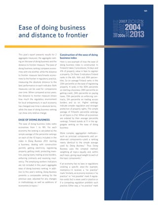 131

Ease of doing business
and distance to frontier
This year’s report presents results for 2
aggregate measures: the aggregate ranking on the ease of doing business and the
distance to frontier measure. The ease of
doing business ranking compares economies with one another, while the distance
to frontier measure benchmarks economies to the frontier in regulatory practice,
measuring the absolute distance to the
best performance on each indicator. Both
measures can be used for comparisons
over time. When compared across years,
the distance to frontier measure shows
how much the regulatory environment
for local entrepreneurs in each economy
has changed over time in absolute terms,
while the ease of doing business ranking
can show only relative change.

EASE OF DOING BUSINESS
The ease of doing business index ranks
economies from 1 to 185. For each

Construction of the ease of doing
business index
Here is one example of how the ease of
doing business index is constructed. In
Finland it takes 3 procedures, 14 days and
4% of property value in fees to register
a property. On these 3 indicators Finland
ranks in the 6th, 16th and 39th percentiles. So on average Finland ranks in the
20th percentile on the ease of registering
property. It ranks in the 30th percentile
on starting a business, 28th percentile on
getting credit, 24th percentile on paying
taxes, 13th percentile on enforcing contracts, 5th percentile on trading across
borders and so on. Higher rankings
indicate simpler regulation and stronger
protection of property rights. The simple
average of Finland’s percentile rankings
on all topics is 21st. When all economies
are ordered by their average percentile
rankings, Finland stands at 11 in the aggregate ranking on the ease of doing
business.

economy the ranking is calculated as the
simple average of the percentile rankings
on each of the 10 topics included in the
index in Doing Business 2013: starting
a business, dealing with construction
permits, getting electricity, registering
property, getting credit, protecting investors, paying taxes, trading across borders,
enforcing contracts and resolving insol-

More complex aggregation methods—
such as principal components and unobserved components—yield a ranking
nearly identical to the simple average
used by Doing Business.2 Thus Doing
Business uses the simplest method:
weighting all topics equally and, within
each topic, giving equal weight to each of
the topic components.3

vency. The employing workers indicators
are not included in this year’s aggregate
ease of doing business ranking. In addition to this year’s ranking, Doing Business
presents a comparable ranking for the
previous year, adjusted for any changes
in methodology as well as additions of
economies or topics.1

If an economy has no laws or regulations
covering a speciﬁc area—for example,
insolvency—it receives a “no practice”
mark. Similarly, an economy receives a “no
practice” or “not possible” mark if regulation exists but is never used in practice or
if a competing regulation prohibits such
practice. Either way, a “no practice” mark

 