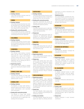 SUMMARIES OF DOING BUSINESS REFORMS IN 2011/12

CHAD

COSTA RICA





Starting a business
Chad made starting a business easier by
setting up a one-stop shop.



CHINA





Dealing with construction permits
Costa Rica streamlined the process for
obtaining construction permits by implementing online approval systems.



Getting credit
Costa Rica improved access to credit information by guaranteeing borrowers’ right to
inspect their personal data.

Starting a business
China made starting a business less costly
by exempting micro and small companies
from paying several administrative fees
from January 2012 to December 2014.
Dealing with construction permits
China simpliﬁed the process of obtaining
a construction permit by streamlining and
centralizing preconstruction approvals.



COLOMBIA


Starting a business
Colombia made starting a business easier
by eliminating the requirement to purchase
and register accounting books at the time
of incorporation.



Starting a business
The Comoros made starting a business
easier and less costly by replacing the
requirement for a copy of the founders’
criminal records with one for a sworn
declaration at the time of the company’s
registration and by reducing the fees to
incorporate a company.



Registering property
Cyprus made property transfers faster by
computerizing its land registry.



Paying taxes
Cyprus made paying taxes more costly
for companies by increasing the special
defense contribution rate on interest
income and introducing a private sector
special contribution and a ﬁxed annual fee
for companies registered in Cyprus. At the
same time, it simpliﬁed tax compliance by
introducing electronic ﬁling for corporate
income tax.

DENMARK


Starting a business
The Republic of Congo made starting a
business easier by eliminating or reducing
several administrative costs associated
with incorporation.





Trading across borders
The Czech Republic reduced the time to
export and import by allowing electronic

Paying taxes
The Dominican Republic increased the
corporate income tax rate.

ECUADOR


Registering property
In Ecuador property transfers became
more time consuming as a result of
implementation problems in transferring
authority over property records to the
municipality of Quito.

EL SALVADOR


Getting credit
El Salvador improved access to credit
information through a new law regulating the management of personal credit
information.



Paying taxes
El Salvador introduced an alternative minimum tax.

ETHIOPIA


Getting credit
Ethiopia improved access to credit information by establishing an online platform
for sharing such information and by guaranteeing borrowers’ right to inspect their
personal data.



Paying taxes
Ethiopia introduced a social insurance
contribution.

Paying taxes
The Czech Republic made paying taxes
faster for companies by promoting the use
of electronic facilities.

Dealing with construction permits
The Republic of Congo made dealing
with construction permits less expensive
by reducing the cost of registering a new
building at the land registry.

Registering property
The Czech Republic made registering
property easier by allowing the cadastral
office online access to the commercial
registry’s database and thus eliminating
the need to obtain a paper certiﬁcate from
the registry before applying for registration
at the cadastre.

Trading across borders
Dominica reduced the time to import by
implementing the ASYCUDA World electronic data interchange system.

DOMINICAN REPUBLIC


CZECH REPUBLIC


Registering property
Denmark made registering property easier
by introducing electronic submission of
property transfer applications at the land
registry.

DOMINICA


Starting a business

CONGO, REP.



Paying taxes
Croatia made paying taxes less costly for
companies by reducing the health insurance contribution rate.



Registering property
The Comoros made it easier to transfer
property by reducing the property transfer
tax.

The Democratic Republic of Congo made
starting a business easier by appointing
additional public notaries.



Paying taxes
Costa Rica made paying taxes easier for
companies by implementing electronic
payment for municipal taxes—though it
also introduced a registration ﬂat tax.

Employing workers
The Czech Republic increased the maximum duration of ﬁxed-term contracts and
reduced the severance pay applicable in
cases of redundancy dismissal of employees with 1 year of service.

CYPRUS

CONGO, DEM. REP.


Starting a business
Costa Rica made starting a business easier
by streamlining the process of obtaining a
sanitary permit for low-risk activities.

CROATIA

COMOROS


submission of customs declarations and
other documents.

137

 