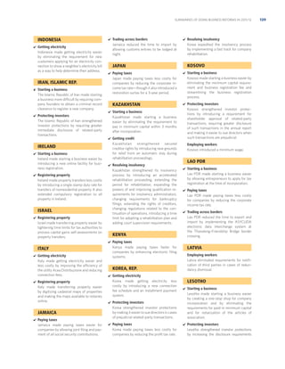 SUMMARIES OF DOING BUSINESS REFORMS IN 2011/12

INDONESIA


Getting electricity
Indonesia made getting electricity easier
by eliminating the requirement for new
customers applying for an electricity connection to show a neighbor’s electricity bill
as a way to help determine their address.



Starting a business
The Islamic Republic of Iran made starting
a business more difficult by requiring company founders to obtain a criminal record
clearance to register a new company.

Starting a business
Kosovo made starting a business easier by
eliminating the minimum capital requirement and business registration fee and
streamlining the business registration
process.



Protecting investors
Kosovo strengthened investor protections by introducing a requirement for
shareholder approval of related-party
transactions, requiring greater disclosure
of such transactions in the annual report
and making it easier to sue directors when
such transactions are prejudicial.



Starting a business
Kazakhstan made starting a business
easier by eliminating the requirement to
pay in minimum capital within 3 months
after incorporation.
Getting credit
Kazakhstan strengthened secured
creditor rights by introducing new grounds
for relief from an automatic stay during
rehabilitation proceedings.

Protecting investors
The Islamic Republic of Iran strengthened
investor protections by requiring greater
immediate disclosure of related-party
transactions.



Starting a business
Ireland made starting a business easier by
introducing a new online facility for business registration.



Registering property
Ireland made property transfers less costly
by introducing a single stamp duty rate for
transfers of nonresidential property. It also
extended compulsory registration to all
property in Ireland.

ISRAEL


Registering property
Israel made transferring property easier by
tightening time limits for tax authorities to
process capital gains self-assessments on
property transfers.

ITALY



Getting electricity
Italy made getting electricity easier and
less costly by improving the efficiency of
the utility Acea Distribuzione and reducing
connection fees.
Registering property
Italy made transferring property easier
by digitizing cadastral maps of properties
and making the maps available to notaries
online.

Paying taxes
Jamaica made paying taxes easier for
companies by allowing joint ﬁling and payment of all social security contributions.

LAO PDR


Starting a business
Lao PDR made starting a business easier
by allowing entrepreneurs to apply for tax
registration at the time of incorporation.



Paying taxes
Lao PDR made paying taxes less costly
for companies by reducing the corporate
income tax rate.



Trading across borders
Lao PDR reduced the time to export and
import by implementing the ASYCUDA
electronic data interchange system at
the Thanaleng–Friendship Bridge border
crossing.

Paying taxes
Kenya made paying taxes faster for
companies by enhancing electronic ﬁling
systems.

LATVIA
Employing workers
Latvia eliminated requirements for notiﬁcation of third parties in cases of redundancy dismissal.

KOREA, REP.


Getting electricity
Korea made getting electricity less
costly by introducing a new connection
fee schedule and an installment payment
system.





Paying taxes
Korea made paying taxes less costly for
companies by reducing the proﬁt tax rate.

LESOTHO


Starting a business
Lesotho made starting a business easier
by creating a one-stop shop for company
incorporation and by eliminating the
requirements for paid-in minimum capital
and for notarization of the articles of
association.



Protecting investors
Lesotho strengthened investor protections
by increasing the disclosure requirements

Protecting investors
Korea strengthened investor protections
by making it easier to sue directors in cases
of prejudicial related-party transactions.

JAMAICA


Resolving insolvency
Kazakhstan strengthened its insolvency
process by introducing an accelerated
rehabilitation proceeding, extending the
period for rehabilitation, expanding the
powers of and improving qualiﬁcation requirements for insolvency administrators,
changing requirements for bankruptcy
ﬁlings, extending the rights of creditors,
changing regulations related to the continuation of operations, introducing a time
limit for adopting a rehabilitation plan and
adding court supervision requirements.

Employing workers
Kosovo introduced a minimum wage.

KENYA




KOSOVO


KAZAKHSTAN

IRELAND


Resolving insolvency
Korea expedited the insolvency process
by implementing a fast track for company
rehabilitation.

Paying taxes
Japan made paying taxes less costly for
companies by reducing the corporate income tax rate—though it also introduced a
restoration surtax for a 3-year period.







JAPAN


IRAN, ISLAMIC REP.


Trading across borders
Jamaica reduced the time to import by
allowing customs entries to be lodged at
night.

139

 