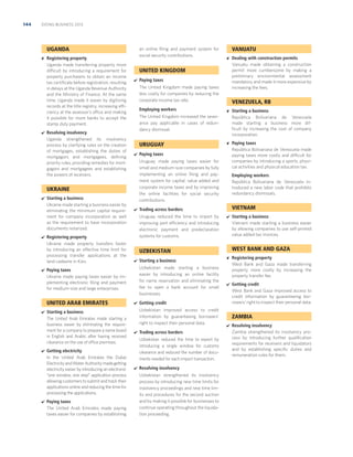 144

DOING BUSINESS 2013

UGANDA




Registering property
Uganda made transferring property more
difficult by introducing a requirement for
property purchasers to obtain an income
tax certiﬁcate before registration, resulting
in delays at the Uganda Revenue Authority
and the Ministry of Finance. At the same
time, Uganda made it easier by digitizing
records at the title registry, increasing efficiency at the assessor’s office and making
it possible for more banks to accept the
stamp duty payment.
Resolving insolvency
Uganda strengthened its insolvency
process by clarifying rules on the creation
of mortgages, establishing the duties of
mortgagors and mortgagees, deﬁning
priority rules, providing remedies for mortgagors and mortgagees and establishing
the powers of receivers.

an online ﬁling and payment system for
social security contributions.

UNITED KINGDOM






Starting a business
Ukraine made starting a business easier by
eliminating the minimum capital requirement for company incorporation as well
as the requirement to have incorporation
documents notarized.
Registering property
Ukraine made property transfers faster
by introducing an effective time limit for
processing transfer applications at the
land cadastre in Kiev.

Employing workers

URUGUAY








Starting a business
The United Arab Emirates made starting a
business easier by eliminating the requirement for a company to prepare a name board
in English and Arabic after having received
clearance on the use of office premises.
Getting electricity
In the United Arab Emirates the Dubai
Electricity and Water Authority made getting
electricity easier by introducing an electronic
“one window, one step” application process
allowing customers to submit and track their
applications online and reducing the time for
processing the applications.
Paying taxes
The United Arab Emirates made paying
taxes easier for companies by establishing



Starting a business
República Bolivariana de Venezuela
made starting a business more difﬁcult by increasing the cost of company
incorporation.



Paying taxes
República Bolivariana de Venezuela made
paying taxes more costly and difficult for
companies by introducing a sports, physical activities and physical education tax.

Paying taxes
Uruguay made paying taxes easier for
small and medium-size companies by fully
implementing an online ﬁling and payment system for capital, value added and
corporate income taxes and by improving
the online facilities for social security
contributions.



Employing workers
República Bolivariana de Venezuela introduced a new labor code that prohibits
redundancy dismissals.

VIETNAM

Trading across borders
Uruguay reduced the time to import by
improving port efficiency and introducing
electronic payment and predeclaration
systems for customs.



Starting a business
Uzbekistan made starting a business
easier by introducing an online facility
for name reservation and eliminating the
fee to open a bank account for small
businesses.





Trading across borders
Uzbekistan reduced the time to export by
introducing a single window for customs
clearance and reduced the number of documents needed for each import transaction.





Registering property
West Bank and Gaza made transferring
property more costly by increasing the
property transfer fee.



Getting credit
West Bank and Gaza improved access to
credit information by guaranteeing borrowers’ right to inspect their personal data.

Getting credit
Uzbekistan improved access to credit
information by guaranteeing borrowers’
right to inspect their personal data.

Resolving insolvency
Uzbekistan strengthened its insolvency
process by introducing new time limits for
insolvency proceedings and new time limits and procedures for the second auction
and by making it possible for businesses to
continue operating throughout the liquidation proceeding.

Starting a business
Vietnam made starting a business easier
by allowing companies to use self-printed
value added tax invoices.

WEST BANK AND GAZA

UZBEKISTAN


Dealing with construction permits
Vanuatu made obtaining a construction
permit more cumbersome by making a
preliminary environmental assessment
mandatory and made it more expensive by
increasing the fees.

VENEZUELA, RB

The United Kingdom increased the severance pay applicable in cases of redundancy dismissal.

Paying taxes
Ukraine made paying taxes easier by implementing electronic ﬁling and payment
for medium-size and large enterprises.

UNITED ARAB EMIRATES

Paying taxes
The United Kingdom made paying taxes
less costly for companies by reducing the
corporate income tax rate.

UKRAINE


VANUATU


ZAMBIA


Resolving insolvency
Zambia strengthened its insolvency process by introducing further qualiﬁcation
requirements for receivers and liquidators
and by establishing speciﬁc duties and
remuneration rules for them.

 