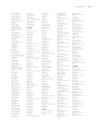 ACKNOWLEDGMENTS

Artashes F. Kakoyan
INVESTMENT LAW GROUP LLC
Vahe G. Kakoyan
INVESTMENT LAW GROUP LLC
Arshak Karapetyan
INVESTMENT LAW GROUP LLC
Georgi Khachatryan
AMERIA CJSC
Aida Khachaturian
Karen Khachaturyan
THE STATE COMMITTEE OF THE
REAL PROPERTY CADASTRE OF THE
GOVERNMENT OF THE REPUBLIC OF
ARMENIA
Marine Khchoyan
LOGICON DEVELOPMENT LLC
Tigran Kocharyan
COMPACT REAL ESTATE AGENCY LLC
Karen Martirosyan
AMERIA CJSC
Lilit Martirosyan
HOVNANIAN INTERNATIONAL LTD.
Lilit Matevosyan
PWC ARMENIA
Arsen Matikyan
CMA CGM
Robin McCone
PWC ARMENIA
Armen Melkumyan
PRUDENCE LEGAL
Gurgen Migranovich Minasyan
UNION OF BUILDERS OF ARMENIA

Lilit Tunyan
FINCA UNIVERSAL CREDIT
ORGANIZATION CJSC
Araik Vardanyan
CHAMBER OF COMMERCE AND
INDUSTRY OF THE REPUBLIC OF ARMENIA
Arman Yesayan
ALFA SYSTEM TECHNOLOGIES
Aram Zakaryan
ACRA CREDIT BUREAU

VEDA ADVANTAGE
Zeallie Ainsworth
CLIFFORD CHANCE
Elizabeth Allen
PWC AUSTRALIA
Lynda Brumm
PWC AUSTRALIA
David Buda
RBHM COMMERCIAL LAWYERS
Chris Camillin
HOLMAN WEBB LAWYERS
Alicia Castillo
ALICIA CASTILLO WEALTHING GROUP
Joe Catanzariti
CLAYTON UTZ, MEMBER OF LEX MUNDI
Greg Channell
DEPARTMENT OF LANDS

Vahe Movsisyan
INVESTMENT LAW GROUP LLC

Philip Crawford
HENRY DAVIS YORK

Ashot Musayan
THE STATE COMMITTEE OF THE
REAL PROPERTY CADASTRE OF THE
GOVERNMENT OF THE REPUBLIC OF
ARMENIA

Mark Dalby
OFFICE OF STATE REVENUE, NSW
TREASURY

Anahit Petrosyan
PARADIGMA ARMENIA CJSC
Karen Petrosyan
INVESTMENT LAW GROUP LLC
Naira Petrosyan
PARADIGMA ARMENIA CJSC
Vahe Petrosyan
LOGICON DEVELOPMENT LLC
Aram Poghosyan
GRANT THORNTON LLP
Arman Porsughyan
AMERIA CJSC
Gagik Sahakyan
AMERIABANK CJSC
David Sargsyan
AMERIA CJSC
Ruben Shahmuradyan
COMFORT RV
Suzanna Shamakhyan
CONCERN-DIALOG LAW FIRM
Gayane Shimshiryan
Hakob Tadevosyan
GRANT THORNTON LLP
Artur Tunyan
JUDICIAL REFORM PROJECT

Przemek Kucharski
ALLENS ARTHUR ROBINSON

Chi-Yung Lee
M+K LAWYERS

Tim Cox
PWC AUSTRALIA

Aram Orbelyan
MINISTRY OF JUSTICE

Rachel Kong
MARQUE LAWYERS

FAYMAN INTERNATIONAL PTY. LTD.

Gagik Mkrtchyan
TECHNOMETRE LLC

Anna Nubaryan
AMERIA CJSC

Paul Kirton
M+K LAWYERS

David Larish
KING  WOOD MALLESONS

Armen Mkoyan
ELITE GROUP

Artur Nikoyan
TRANS-ALLIANCE

Melissa Kirby
HONEYWELL

AUSTRALIA
ALLEN  OVERY

Gaibrielle Cleary
GOULD RALPH PTY LTD. - MEMBER OF
RUSSELL BEDFORD INTERNATIONAL

Nerses Nersisyan
PWC ARMENIA

Stephen Jauncey
HENRY DAVIS YORK

Anne Davis
CLAYTON UTZ, MEMBER OF LEX MUNDI
Jenny Davis
ENERGYAUSTRALIA
Warren Davis
GADENS LAWYERS

John Lobban
ASHURST LLP
Prue Long
M+K LAWYERS
Suzy Madar
KING  WOOD MALLESONS
John Martin
THOMSON PLAYFORD
Melody Martin
ASHURST LLP
Mitchell Mathas
NORTON ROSE
Nathan Mattock
MARQUE LAWYERS
Nicholas Mavrakis
CLAYTON UTZ, MEMBER OF LEX MUNDI
Des Mooney
DEPARTMENT OF LANDS
Louise Murphy
MARQUE LAWYERS
Aparna Nanayakkara
ALLENS ARTHUR ROBINSON
William Nerlich
M+K LAWYERS
Claudia Newman-Martin
KING  WOOD MALLESONS
Meredith Paynter
KING  WOOD MALLESONS
Mark Pistilli
CLIFFORD CHANCE
Michael Quinlan
ALLENS ARTHUR ROBINSON

Chaz Dheer
MARQUE LAWYERS

John Reid
OFFICE OF STATE REVENUE, NSW
TREASURY

Kelly Dickson
M+K LAWYERS

Bob Ronai

Robert Downing
MACPHERSON + KELLEY LAWYERS
Sam Eichenbaum
M+K LAWYERS
Ian Farmer
PWC AUSTRALIA

Amber Sharp
MARQUE LAWYERS
Marisha Steinberg
KING  WOOD MALLESONS
Damian Sturzaker
MARQUE LAWYERS

Clemens Baerenthaler
DLA PIPER WEISS-TESSBACH
RECHTSANWÄLTE GMBH

Stephan Schmalzl
GRAF  PITKOWITZ RECHTSANWÄLTE
GMBH

Georg Bahn
FRESHFIELDS BRUCKHAUS DERINGER

Ernst Schmidt
HALPERN  PRINZ

Constantin Benes
SCHOENHERR

Christian Schuppich
CHSH CERHA HEMPEL SPIEGELFELD
HLAWATI

Georg Brandstetter
BRANDSTETTER PRITZ  PARTNER
Doris Buxbaum
HEGER  PARTNER
Bruno Clemente Palma
PWC AUSTRIA
Martin Eckel
E|N|W|C NATLACEN WALDERDORFF
CANCOLA RECHTSANWÄLTE GMBH
Agnes Eigner
BRANDSTETTER PRITZ  PARTNER
Tibor Fabian
BINDER GRÖSSWANG RECHTSANWÄLTE
GMBH
Julian Feichtinger
CHSH CERHA HEMPEL SPIEGELFELD
HLAWATI
Ferdinand Graf
GRAF  PITKOWITZ RECHTSANWÄLTE
GMBH
Andreas Hable
BINDER GRÖSSWANG RECHTSANWÄLTE
GMBH
Tina Hausensteiner
BPV HÜGEL RECHTSANWÄLTE OG
Friedrich Helml
SCWP SCHINDHELM AUSTRIA
Alexander Hofmann
RA DR. ALEXANDER HOFMANN, LL.M.
Lothar Hofmann
HLAW
Alexander Isola
GRAF  PITKOWITZ RECHTSANWÄLTE
GMBH
Rudolf Kaindl
KOEHLER, KAINDL, DUERR  PARTNER,
CIVIL LAW NOTARIES
Alexander Klauser
BRAUNEIS KLAUSER PRÄNDL
RECHTSANWÄLTE GMBH
Rudolf Krickl
PWC AUSTRIA
Barbara Luger
FRESHFIELDS BRUCKHAUS DERINGER
Peter Madl
SCHOENHERR
Wolfgang Messeritsch
OESTERREICHISCHE NATIONALBANK
Gerald Mitteregger
INTERNATIONAL LOGISTIC GATEWAY

Reinhard Schwarz
INTERNATIONAL LOGISTIC GATEWAY
Franz Schwarzinger
REVISIONSTREUHAND - MEMBER OF
RUSSELL BEDFORD INTERNATIONAL
Günther Sedlacek
OESTERREICHISCHE NATIONALBANK
Wolfgang Tichy
SCHOENHERR
Thomas Trettnak
CHSH CERHA HEMPEL SPIEGELFELD
HLAWATI
Christoph Twaroch
TECHNICAL UNIVERSITY VIENNA
Wolfgang Vanas
GRAF  PITKOWITZ RECHTSANWÄLTE
GMBH
Birgit Vogt-Majarek
KUNZ SCHIMA WALLENTIN
RECHTSANWÄLTE OG, MEMBER OF
IUS LABORIS
Gerhard Wagner
KSV 1870
Lukas A Weber
BRAUNEIS KLAUSER PRÄNDL
RECHTSANWÄLTE GMBH
Thomas Zottl
FRESHFIELDS BRUCKHAUS DERINGER
Christian Zwick
BINDER GRÖSSWANG RECHTSANWÄLTE
GMBH

AZERBAIJAN
OMNI LAW FIRM
Aliagha Akhundov
BAKER  MCKENZIE - CIS, LIMITED
Elnur Aliyev
BHM BAKU LAW CENTRE LLC
Rashid Aliyev
BAKER  MCKENZIE - CIS, LIMITED
Sevinj Aliyeva
MGB LAW OFFICES
Jamil Alizada
BAKER  MCKENZIE - CIS, LIMITED
Aykhan Asadov
BAKER  MCKENZIE - CIS, LIMITED
Ismail Askerov
MGB LAW OFFICES
Esmer Atakishiyeva
AZERBAIJAN GLOBAL LOGISTIC

Allira Swick
MARQUE LAWYERS

Gerhard Muggenhuber
BEV - FEDERAL OFFICE OF METROLOGY
 SURVEYING

Nick Thomas
CLAYTON UTZ, MEMBER OF LEX MUNDI

Elke Napokoj
BPV HÜGEL RECHTSANWÄLTE OG

Natavan Baghirova
BM MORRISON PARTNERS LAW FIRM

Rosie Thomas
KING  WOOD MALLESONS

Felix Neuwirther
FRESHFIELDS BRUCKHAUS DERINGER

Samir Balayev
UNIBANK

Robert Tracy
HENRY DAVIS YORK

Christian Pöchlinger
PWC AUSTRIA

Johanna Cronin
BHM BAKU LAW CENTRE LLC

Simon Truskett
CLAYTON UTZ, MEMBER OF LEX MUNDI

Barbara Pogacar
BPV HÜGEL RECHTSANWÄLTE OG

Sevil Gasimova
BAKER  MCKENZIE - CIS, LIMITED

David Twigg
ENERGYAUSTRALIA

Martina Raczova
GRAF  PITKOWITZ RECHTSANWÄLTE
GMBH

Abbas Guliyev
BAKER  MCKENZIE - CIS, LIMITED

Amelia Horvath
CLIFFORD CHANCE

AUSTRIA
AUSTRIAN REGULATORY AUTHORITY

Ian Humphreys
ASHURST LLP

VIENNA BUSINESS AGENCY

Ulla Reisch
URBANEK LIND SCHMIED REISCH
RECHTSANWÄLTE OG

Nicole Flint
ARNOLD BLOCH LEIBLER
Grant Guenther
M+K LAWYERS
Owen Hayford
CLAYTON UTZ, MEMBER OF LEX MUNDI
Jason Henniker
ENERGYAUSTRALIA
Erica Henshilwood
MARQUE LAWYERS
David Hopwood
M+K LAWYERS

Jennifer Ingram
CLAYTON UTZ, MEMBER OF LEX MUNDI

WIEN KANAL

Georg Schima
KUNZ SCHIMA WALLENTIN
RECHTSANWÄLTE OG, MEMBER OF
IUS LABORIS

Anar Baghirov
BHM BAKU LAW CENTRE LLC

Arif Guliyev
PWC AZERBAIJAN
Gulnar Gurbanova
BHM BAKU LAW CENTRE LLC
Elchin Habibov
CENTRAL BANK OF AZERBAIJAN

219

 