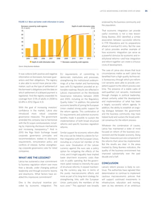 LATVIA: MAINTAINING A REFORM STATE OF MIND

FIGURE 4.3 More and better credit information in Latvia
Borrowers covered by credit registries
(% of adults)

Depth of credit information index
(0–6)

70

6

60

5

50

4

40
3

30
20

2

10

1

0

0
2004

2005

2006

2007

2008

Depth of credit information index

2009

2010

2011

2012

Borrowers covered by credit registries

Source: Doing Business database.

It now collects both positive and negative
information on borrowers, borrower guarantors and their obligations. The registry
is also able to record more precise information, such as the type of settlement of
the borrower’s obligations and the date on
which settlement of a delayed payment is
registered. And the registry expanded its
coverage from 3.5% of adults in 2008 to
63.8% in 2012 (ﬁgure 4.3).
With the goal of increasing investors’
conﬁdence in the market, Latvia also
introduced more robust corporate
governance measures. The government
amended the company law to harmonize
with the EU acquis communautaire, including by improving disclosure mechanisms
and increasing transparency.15 And in
2010 the Riga Stock Exchange issued
corporate governance principles and
recommendations related to disclosure
requirements, remuneration policy and
conﬂicts of interest, further strengthening corporate governance rules for listed
companies.

WHAT ARE THE LESSONS?
Latvia has sustained a clear commitment
to business regulation reform over more
than a decade, under changing political
leadership and through economic booms
and downturns. What factors have enabled this impressive commitment?
One is the structural incentive provided by economic integration. The

EU requirements of committing to
democratic institutions and processes,
strengthening the institutional underpinnings of a free market and harmonizing
laws with EU legislation provided an actionable roadmap. Results are reﬂected in
Latvia’s improvement on the Worldwide
Governance Indicators between 2000
and 2005, including on the Regulatory
Quality Index.16 In addition, the potential
economic beneﬁts of joining the European
Union created strong public support for
the reform agenda. This combination of
EU requirements and potential economic
beneﬁts made it possible to sustain the
implementation of both broad structural
reforms and speciﬁc business regulation
reforms.
Similar support for economic reform after
the crisis can be linked to a desire for further integration with the European Union,
including as a future full member of the
euro zone. Devaluation of the Latvian
currency against the euro was a policy
option for mitigating the effects of the
crisis, and it might arguably have implied
lower short-term economic costs than
cuts in public spending. But the government opted instead to intensify the pace
of structural reforms; it viewed maintaining the currency peg less in terms of
the purely macroeconomic effects and
more as part of its long-term strategy for
strengthening links with the European
Union, particularly the members of the
euro zone.17 This approach was broadly

endorsed by the business community and
the population.
That economic integration can provide
useful incentives is not a new lesson:
Doing Business 2012 identiﬁed a similar
association between successful reforms
in FYR Macedonia and its preparations
ahead of eventual EU entry. But the case
of Latvia provides another example of
how economic integration can serve as
a powerful stimulus for economic and institutional reforms—and how integration
and reform together can create a virtuous
circle of development.
The case of Latvia also shows that local
circumstances matter as well. Latvia has
beneﬁted from a high-quality technocratic bureaucracy through which pro-reform
civil servants were able to provide competent support to the reform process over
time. The presence of a stable cadre of
well-qualiﬁed civil servants, maintained
through changes in political leadership,
almost certainly aided the development
and implementation of what has been
a largely successful reform agenda. In
addition, the ability to establish an ongoing dialogue between the government
and the business community may have
helped build and sustain the broad political consensus for the reform process.
Whatever the combination of causes,
Latvia has maintained a state of mind
focused on reform of the business environment and the broader economy. Doing
Business measures just one component of
the reforms that Latvia has implemented.
But the results are clear: in the areas
tracked by Doing Business indicators, the
quality of the business environment has
improved substantially over the past
decade and a half.

CONCLUSION
Latvia’s reform process is likely to continue. The authorities have signaled their
determination to continue to implement
cautious macroeconomic policies that
will support continued investments in
infrastructure, education and training,
seen as key elements of an ambitious

35

 