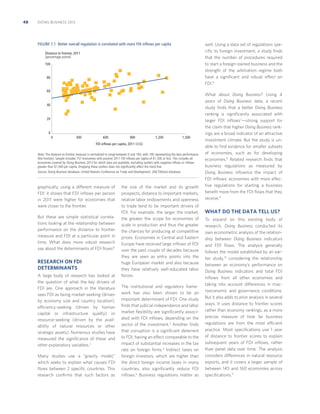 48

DOING BUSINESS 2013

FIGURE 7.1 Better overall regulation is correlated with more FDI inﬂows per capita

well. Using a data set of regulations speciﬁc to foreign investment, a study ﬁnds
that the number of procedures required
to start a foreign-owned business and the
strength of the arbitration regime both
have a signiﬁcant and robust effect on
FDI.6

Distance to frontier, 2011
(percentage points)
100

80

60

40

20

0
0

300

600

900

1,200

1,500

FDI inflows per capita, 2011 (US$)
Note: The distance to frontier measure is normalized to range between 0 and 100, with 100 representing the best performance
(the frontier). Sample includes 157 economies with positive 2011 FDI inﬂows per capita of $1,500 or less. This includes all
economies covered by Doing Business 2012 for which data are available, excluding outliers with negative inﬂows or inﬂows
greater than $1,500 per capita. Dropping these outliers does not signiﬁcantly affect the trend line.
Source: Doing Business database; United Nations Conference on Trade and Development, UNCTADstat database.

graphically, using a different measure of
FDI: it shows that FDI inﬂows per person
in 2011 were higher for economies that
were closer to the frontier.
But these are simple statistical correlations looking at the relationship between
performance on the distance to frontier
measure and FDI at a particular point in
time. What does more robust research
say about the determinants of FDI ﬂows?

RESEARCH ON FDI
DETERMINANTS
A large body of research has looked at
the question of what the key drivers of
FDI are. One approach in the literature
sees FDI as being market-seeking (driven
by economy size and country location),
efficiency-seeking (driven by human
capital or infrastructure quality) or
resource-seeking (driven by the availability of natural resources or other
strategic assets). Numerous studies have
measured the signiﬁcance of these and
other explanatory variables.2
Many studies use a “gravity model,”
which seeks to explain what causes FDI
ﬂows between 2 speciﬁc countries. This
research conﬁrms that such factors as

the size of the market and its growth
prospects, distance to important markets,
relative labor endowments and openness
to trade tend to be important drivers of
FDI. For example, the larger the market,
the greater the scope for economies of
scale in production and thus the greater
the chances for producing at competitive
prices. Economies in Central and Eastern
Europe have received large inﬂows of FDI
over the past couple of decades because
they are seen as entry points into the
huge European market and also because
they have relatively well-educated labor
forces.
The institutional and regulatory framework has also been shown to be an
important determinant of FDI. One study
ﬁnds that judicial independence and labor
market ﬂexibility are signiﬁcantly associated with FDI inﬂows, depending on the
sector of the investment.3 Another ﬁnds
that corruption is a signiﬁcant deterrent
to FDI, having an effect comparable to the
impact of substantial increases in the tax
rate on foreign ﬁrms.4 Indirect taxes on
foreign investors, which are higher than
the direct foreign income taxes in many
countries, also signiﬁcantly reduce FDI
inﬂows.5 Business regulations matter as

What about Doing Business? Using 4
years of Doing Business data, a recent
study ﬁnds that a better Doing Business
ranking is signiﬁcantly associated with
larger FDI inﬂows7—strong support for
the claim that higher Doing Business rankings are a broad indicator of an attractive
investment climate. But the study is unable to ﬁnd evidence for smaller subsets
of economies, such as for developing
economies.8 Related research ﬁnds that
business regulations as measured by
Doing Business inﬂuence the impact of
FDI inﬂows: economies with more effective regulations for starting a business
beneﬁt more from the FDI ﬂows that they
receive.9

WHAT DO THE DATA TELL US?
To expand on this existing body of
research, Doing Business conducted its
own econometric analysis of the relationship between Doing Business indicators
and FDI ﬂows. The analysis generally
follows the model established by an earlier study,10 considering the relationship
between an economy’s performance on
Doing Business indicators and total FDI
inﬂows from all other economies and
taking into account differences in macroeconomic and governance conditions.
But it also adds to prior analysis in several
ways. It uses distance to frontier scores
rather than economy rankings, as a more
precise measure of how far business
regulations are from the most efficient
practice. Most speciﬁcations use 1 year
of distance to frontier scores to explain
subsequent years of FDI inﬂows, rather
than panel data over time. The analysis
considers differences in natural resource
exports, and it covers a larger sample of
between 145 and 160 economies across
speciﬁcations.11

 