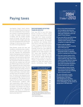 81

Paying taxes
Jean-Baptiste Colbert, French philosopher and minister of ﬁnance to King Louis
XIV, once remarked that “the art of taxation consists in so plucking the goose as
to obtain the largest possible amount
of feathers with the smallest possible
amount of hissing.” How taxes are collected and paid has changed a great deal
since then. But governments still face the
challenge of maximizing revenue collection while minimizing distortions.
Doing Business records the taxes and
mandatory contributions that a mediumsize company must pay in a given year
and also measures the administrative
burden of paying taxes and contributions.
It does this with 3 indicators: number of
payments, time and total tax rate for the
Doing Business case study ﬁrm. The number of payments indicates the frequency
with which the company has to ﬁle and
pay different types of taxes and contributions, adjusted for the way in which those
ﬁlings and payments are made.1 The time
indicator captures the number of hours it
takes to prepare, ﬁle and pay 3 major types
of taxes: proﬁt taxes, consumption taxes,
and labor taxes and mandatory contributions. The total tax rate measures the tax
cost (as a percentage of proﬁt) borne by
the standard ﬁrm. The indicators do not
measure the ﬁscal health of economies,
the macroeconomic conditions under
which governments collect revenue or
the provision of public services supported
by taxation. The ranking on the ease of
paying taxes is the simple average of the
percentile rankings on its component
indicators, with a threshold applied to the
total tax rate (table 15.1).2

WHO REFORMED IN PAYING
TAXES IN 2011/12?
From June 2011 to June 2012 Doing
Business recorded 31 reforms making
it easier or less costly for firms to pay
taxes (table 15.2). Sixteen economies
mandated or enhanced electronic filing,
eliminating the need for 196 separate
tax payments and reducing compliance time by 134 days (1,070 hours)
in total. In Uruguay small and mediumsize companies can now file and pay
corporate income tax, value added tax
and capital tax online. This option was
available only for large taxpayers until
2011. Seven other economies implemented electronic filing for the first
time, raising the number offering this
option from 67 in 2010 to 74 in 2011.3
Thanks to improvements in electronic
systems for filing and paying social
security contributions, Saudi Arabia

TABLE 15.1 Where is paying taxes easiest—
and where most difﬁcult?
Easiest

RANK

Most difﬁcult

RANK

United Arab
Emirates

1

Cameroon

176

Qatar

2

Mauritania

177

Saudi Arabia

3

Senegal

178

Hong Kong
SAR, China

4

Gambia, The

179

Singapore

5

Bolivia

180

Ireland

6

Central African
Republic

181

Bahrain

7

Congo, Rep.

182

Canada

8

Guinea

183

Kiribati

9

Chad

184

Oman

10

Venezuela, RB

185

Note: Rankings are the average of the economy’s
rankings on the number of payments, time and total tax
rate, with a threshold imposed on the total tax rate. See
the data notes for details.
Source: Doing Business database.

ƒ Firms in the United Arab Emirates
face the lightest administrative
burden in paying taxes. They must
make only 4 payments a year and
spend 12 hours doing so.
ƒ From June 2011 to June 2012 Doing
Business recorded 31 reforms
making it easier and less costly for
companies to comply with taxes.
ƒ Liberia made the biggest
improvement in the ease of paying
taxes in the past year.
ƒ Belarus has advanced the most
toward the frontier in regulatory
practice in paying taxes since 2004.
ƒ The most common feature of tax
reforms in the past 8 years was to
reduce proﬁt tax rates, often in the
context of parallel efforts to improve
tax compliance. But in the past 2
years more economies focused on
introducing electronic systems.
ƒ Among regions, Eastern Europe
and Central Asia had the biggest
improvement in the ease of paying
taxes in the past 8 years.

For more information on good
practices and research related
to paying taxes, visit http://
www.doingbusiness.org/data/
exploretopics/paying-taxes. For more
on the methodology, see the section on
paying taxes in the data notes.

 