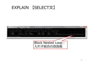 EXPLAIN 【SELECT⽂】
53
Block Nested Loop：
⼊れ⼦結合の改良版
 