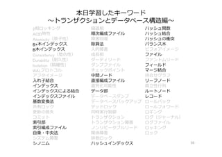 本⽇学習したキーワード
〜トランザクションとデータベース構造編〜
56
2相ロッキング 縮退相 ハッシュ関数
ACID特性 順次編成ファイル ハッシュ結合
Atomicity（原⼦性） 障害回復 ハッシュの衝突
B+⽊インデックス 除算法 バランス⽊
B⽊インデックス ⼈的障害 ビフォアイメージ
Consistency（整合性） 成⻑相 ファイル
Durability（耐久性） ダーティリード ファントムリード
Isolation（隔離性） ダンプファイル フィールド
WALプロトコル チェックポイント マージ結合
アフタイメージ 中間ノード 待合せグラフ
⼊れ⼦結合 直接編成ファイル リーフノード
インデックス 直列化可能性 両⽴性⾏列
インデックスによる結合 データ部 ルートノード
インデックスファイル データベースダンプ レコード
基数変換法 データベースバックアップ ロールバック
共有ロック デッドロック ロールフォワード
更新の喪失 同時実⾏制御 ロギング
コミット トランザクション ログ（ジャーナル）
索引部 トランザクション障害 ログファイル
索引編成ファイル ノンリピータブルリード ロッキング
⾃乗・中央法 媒体障害 ロック
システム障害 排他ロック
シノニム ハッシュインデックス
 