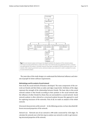 Page 9 of 19Ghafoor and Niazi ﻿Complex Adapt Syst Model (2016) 4:14
The main idea of this study design is to understand the behavioral influence and inter-
ests of people for better software requirements.
Methodology used for analysis of social network
First of all, the social network of friends is developed. The main components of the net-
work are friends and their links as nodes and edges respectively. Attributes of the edges
represent the strength of the relationship between friends. The basic idea in this social
network analysis is that friends according to their position in the social network take
the influence of other friends by whom they are surrounded in a social network. Social
network analysis is often referred as a structural analysis because this approach is used
for exploring structures of the networks. First of all, we made an analysis of the whole
network.
Structural characteristics of the network  In the following section, we have described dif-
ferent structural properties of the network.
Network size  Network size of our network is 498 nodes connected by 1226 edges. To
calculate the network size is the first step to analyze any network in order to get interest-
ing structural properties of the network.
Fig. 3  Social network analysis techniques, the diagram presents the sequence of the network analysis
techniques we have performed to conduct the study. First of all the data was gathered and then a network
was generated for the analysis. Centrality measures have been calculated to find the prominent actors in the
network. After analyzing prominent actors, statistical analysis was conducted in order to validate the results
of social network analysis
 