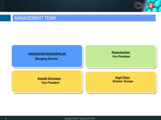 MANAGEMENT TEAM
Copyright © Krish IT Solutions 2014-2015
SADAGOPAN RAJAGOPALAN
Managing Director
Ramachandran
Vice President
Anandh Srinivasan
Vice President
Hugh Paton
Director- Europe
16
 