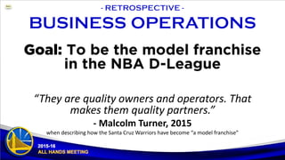 Goal: To be the model franchise
in the NBA D-League
“They are quality owners and operators. That
makes them quality partners.”
- Malcolm Turner, 2015
when describing how the Santa Cruz Warriors have become “a model franchise”
 
