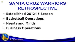 • Established 2012-13 Season
• Basketball Operations
• Hearts and Minds
• Business Operations
 
