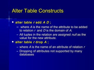 Alter Table Constructs
   alter table r add A D ;
     – where A is the name of the attribute to be added
       to relation r and D is the domain of A.
     – All tuples in the relation are assigned null as the
       value for the new attribute.
   alter table r drop A ;
    – where A is the name of an attribute of relation r
    – Dropping of attributes not supported by many
      databases
 