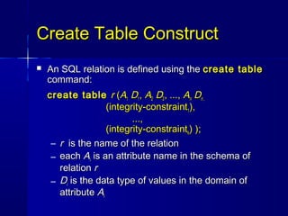 Create Table Construct
   An SQL relation is defined using the create table
    command:
    create table r (A1 D1, A2 D2, ..., An Dn ,
                    (integrity-constraint1),
                           ...,
                    (integrity-constraintk) );
     – r is the name of the relation
     – each Ai is an attribute name in the schema of
       relation r
     – Di is the data type of values in the domain of
       attribute Ai
 