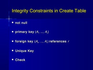 Integrity Constraints in Create Table

   not null

   primary key (A1, ..., An )

   foreign key (Am, ..., An ) references r

   Unique Key

   Check
 