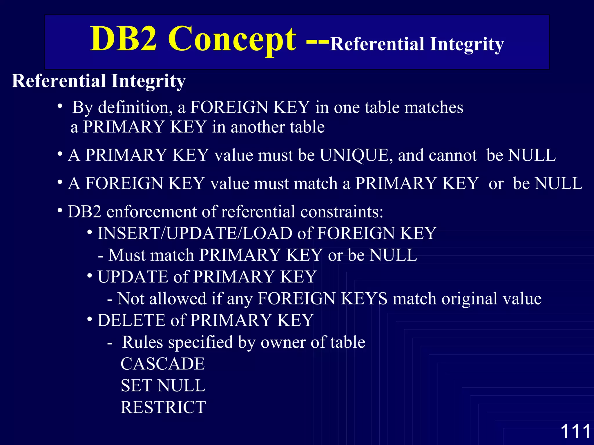 DB2 Concept -- Referential Integrity By definition, a FOREIGN KEY in one table matches a PRIMARY KEY in another table A PRIMARY KEY value must be UNIQUE, and cannot  be NULL A FOREIGN KEY value must match a PRIMARY KEY  or  be NULL DB2 enforcement of referential constraints: INSERT/UPDATE/LOAD of FOREIGN KEY - Must match PRIMARY KEY or be NULL UPDATE of PRIMARY KEY - Not allowed if any FOREIGN KEYS match original value DELETE of PRIMARY KEY -  Rules specified by owner of table CASCADE SET NULL RESTRICT Referential Integrity 