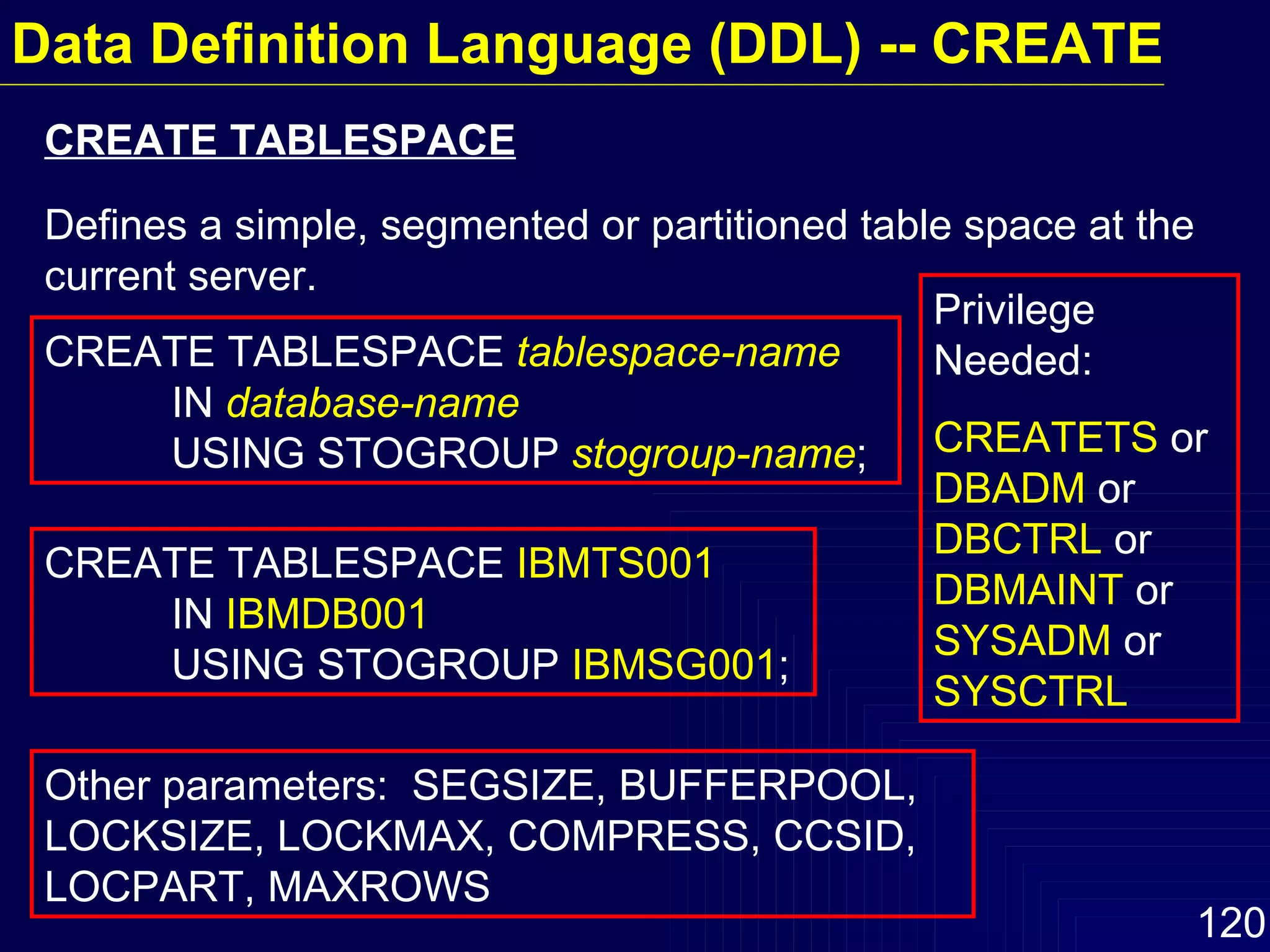 Data Definition Language (DDL) -- CREATE CREATE TABLESPACE  tablespace-name   IN  database-name     USING STOGROUP  stogroup-name ; CREATE TABLESPACE  IBMTS001   IN  IBMDB001   USING STOGROUP  IBMSG001 ; Defines a simple, segmented or partitioned table space at the current server.  CREATE TABLESPACE Other parameters:  SEGSIZE, BUFFERPOOL, LOCKSIZE, LOCKMAX, COMPRESS, CCSID, LOCPART, MAXROWS Privilege Needed: CREATETS  or  DBADM  or  DBCTRL  or  DBMAINT  or  SYSADM  or  SYSCTRL 