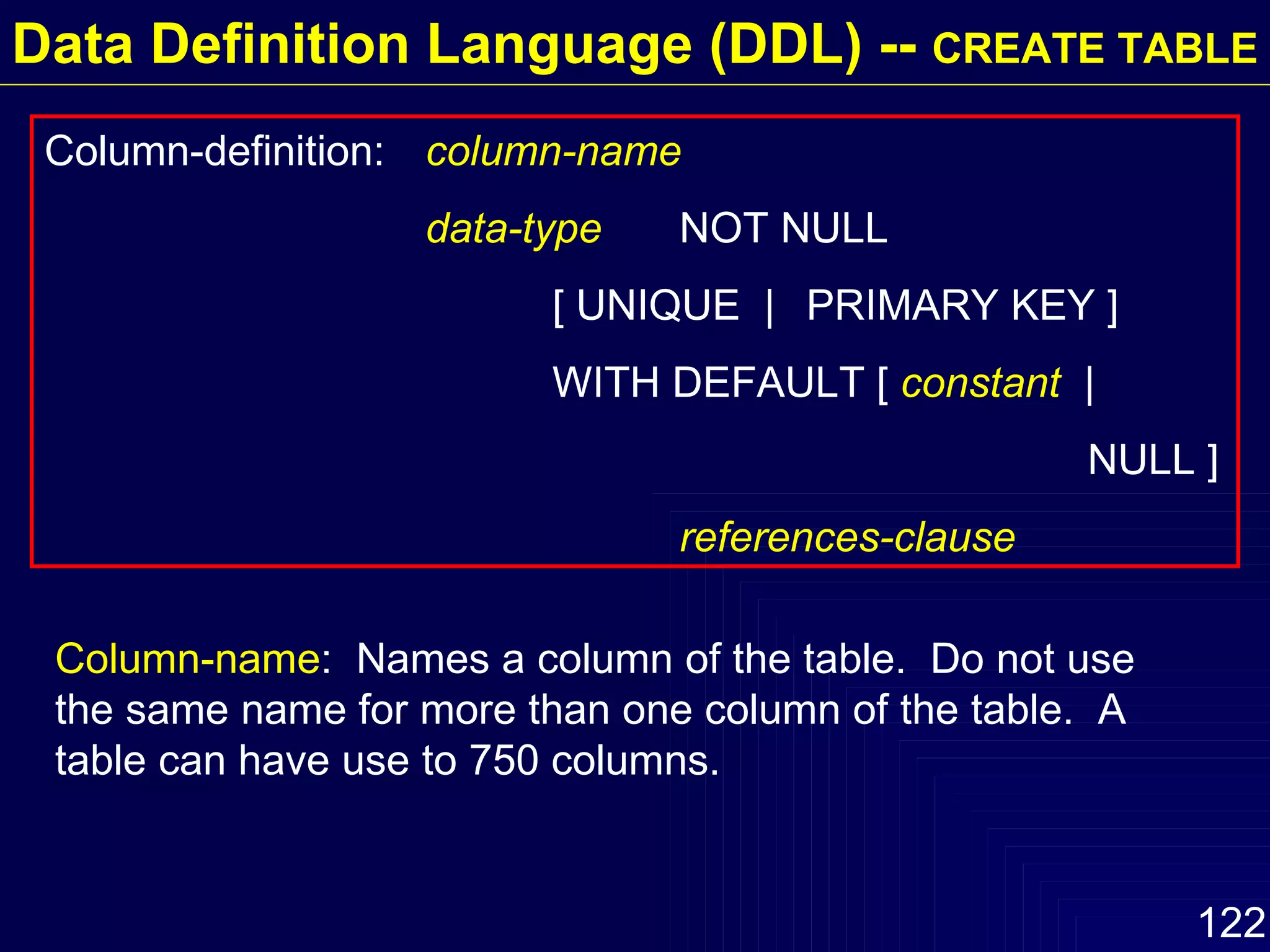 Data Definition Language (DDL) --  CREATE TABLE Column-definition: column-name   data-type NOT NULL [ UNIQUE  | PRIMARY KEY ] WITH DEFAULT [  constant  |   NULL ] references-clause Column-name :  Names a column of the table.  Do not use the same name for more than one column of the table.  A table can have use to 750 columns. 