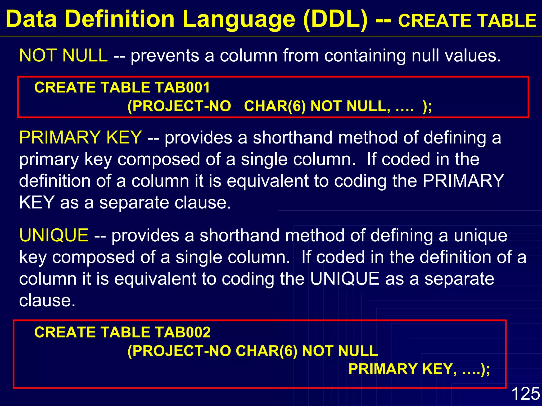 Data Definition Language (DDL) --  CREATE TABLE NOT NULL  -- prevents a column from containing null values. CREATE TABLE TAB001 (PROJECT-NO  CHAR(6) NOT NULL, ….  ); PRIMARY KEY  -- provides a shorthand method of defining a primary key composed of a single column.  If coded in the definition of a column it is equivalent to coding the PRIMARY KEY as a separate clause. UNIQUE  -- provides a shorthand method of defining a unique key composed of a single column.  If coded in the definition of a column it is equivalent to coding the UNIQUE as a separate clause. CREATE TABLE TAB002 (PROJECT-NO CHAR(6) NOT NULL  PRIMARY KEY, ….); 
