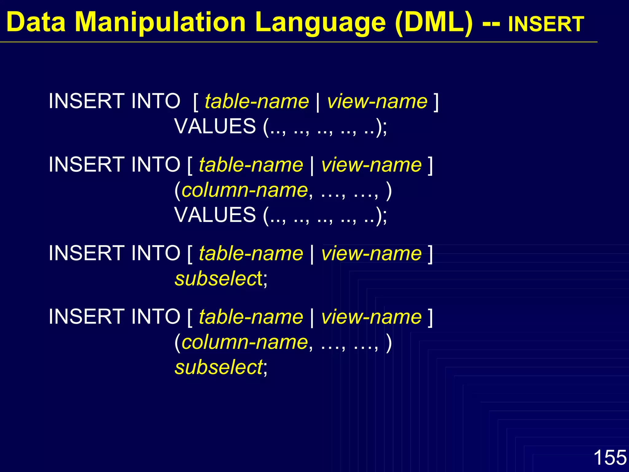 INSERT INTO  [  table-name  |  view-name  ]  VALUES (.., .., .., .., ..); INSERT INTO [  table-name  |  view-name  ]  ( column-name , …, …, ) VALUES (.., .., .., .., ..); INSERT INTO [  table-name  |  view-name  ] subselec t ; INSERT INTO [  table-name  |  view-name  ]  ( column-name , …, …, ) subselect ; Data Manipulation Language (DML) --  INSERT 