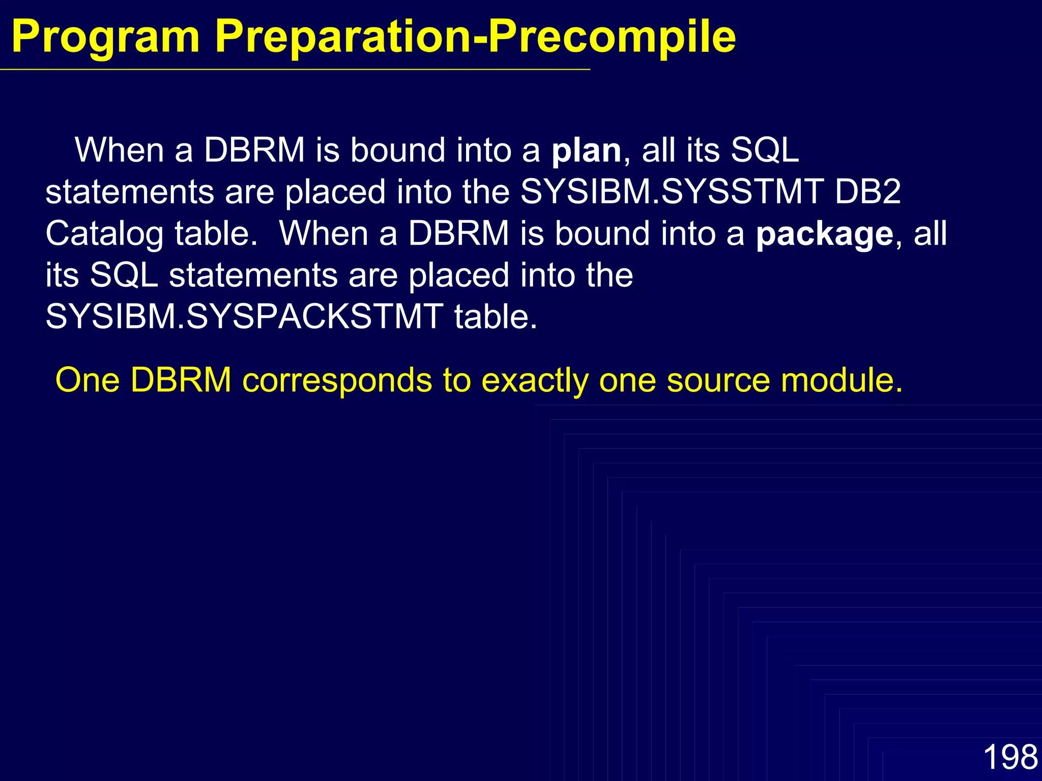 When a DBRM is bound into a  plan , all its SQL statements are placed into the SYSIBM.SYSSTMT DB2 Catalog table.  When a DBRM is bound into a  package , all its SQL statements are placed into the SYSIBM.SYSPACKSTMT table. One DBRM corresponds to exactly one source module. Program Preparation-Precompile 