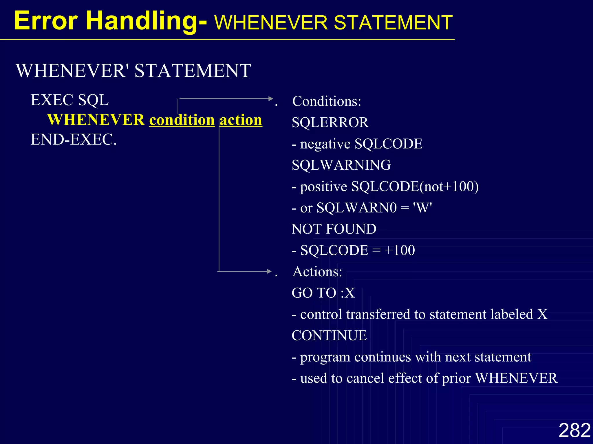 ．  Conditions: SQLERROR - negative SQLCODE SQLWARNING - positive SQLCODE(not+100) - or SQLWARN0 = 'W' NOT FOUND - SQLCODE = +100 ．  Actions: GO TO :X - control transferred to statement labeled X CONTINUE - program continues with next statement - used to cancel effect of prior WHENEVER EXEC SQL WHENEVER  condition   action END-EXEC. WHENEVER' STATEMENT Error Handling-  WHENEVER STATEMENT 
