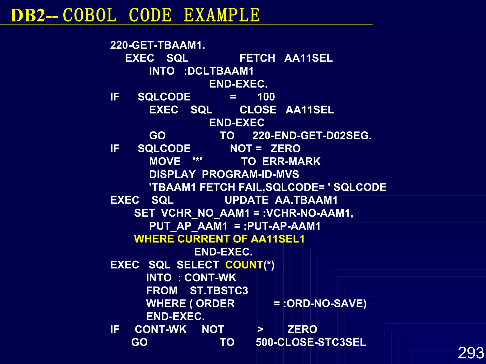 220-GET-TBAAM1.  EXEC  SQL  FETCH  AA11SEL  INTO  :DCLTBAAM1  END-EXEC.  IF  SQLCODE  =  100  EXEC  SQL  CLOSE  AA11SEL  END-EXEC  GO  TO  220-END-GET-D02SEG. IF  SQLCODE  NOT =  ZERO  MOVE  '*'  TO  ERR-MARK  DISPLAY  PROGRAM-ID-MVS  'TBAAM1 FETCH FAIL,SQLCODE= ' SQLCODE  EXEC  SQL  UPDATE  AA.TBAAM1  SET  VCHR_NO_AAM1 = :VCHR-NO-AAM1, PUT_AP_AAM1  = :PUT-AP-AAM1  WHERE CURRENT OF AA11SEL1   END-EXEC. EXEC  SQL  SELECT  COUNT (*) INTO  : CONT-WK FROM  ST.TBSTC3 WHERE ( ORDER  = :ORD-NO-SAVE) END-EXEC. IF  CONT-WK  NOT  >  ZERO GO  TO  500-CLOSE-STC3SEL   DB2--  COBOL  CODE EXAMPLE 