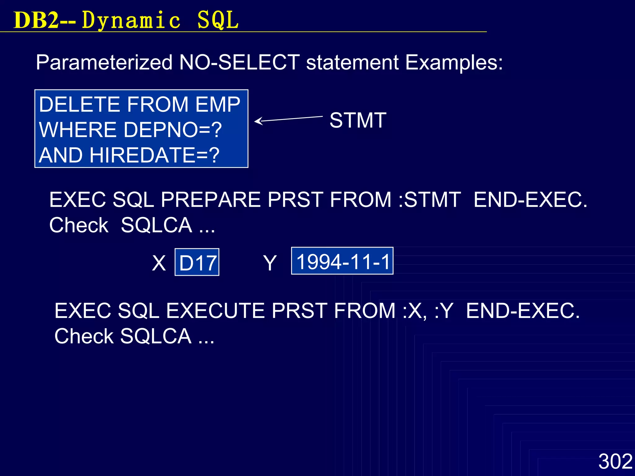 Parameterized NO-SELECT statement Examples: DELETE FROM EMP  WHERE DEPNO=? AND HIREDATE=? STMT EXEC SQL PREPARE PRST FROM :STMT  END-EXEC. Check  SQLCA ... D17 1994-11-1 X Y EXEC SQL EXECUTE PRST FROM :X, :Y  END-EXEC. Check SQLCA ... DB2--  Dynamic SQL 