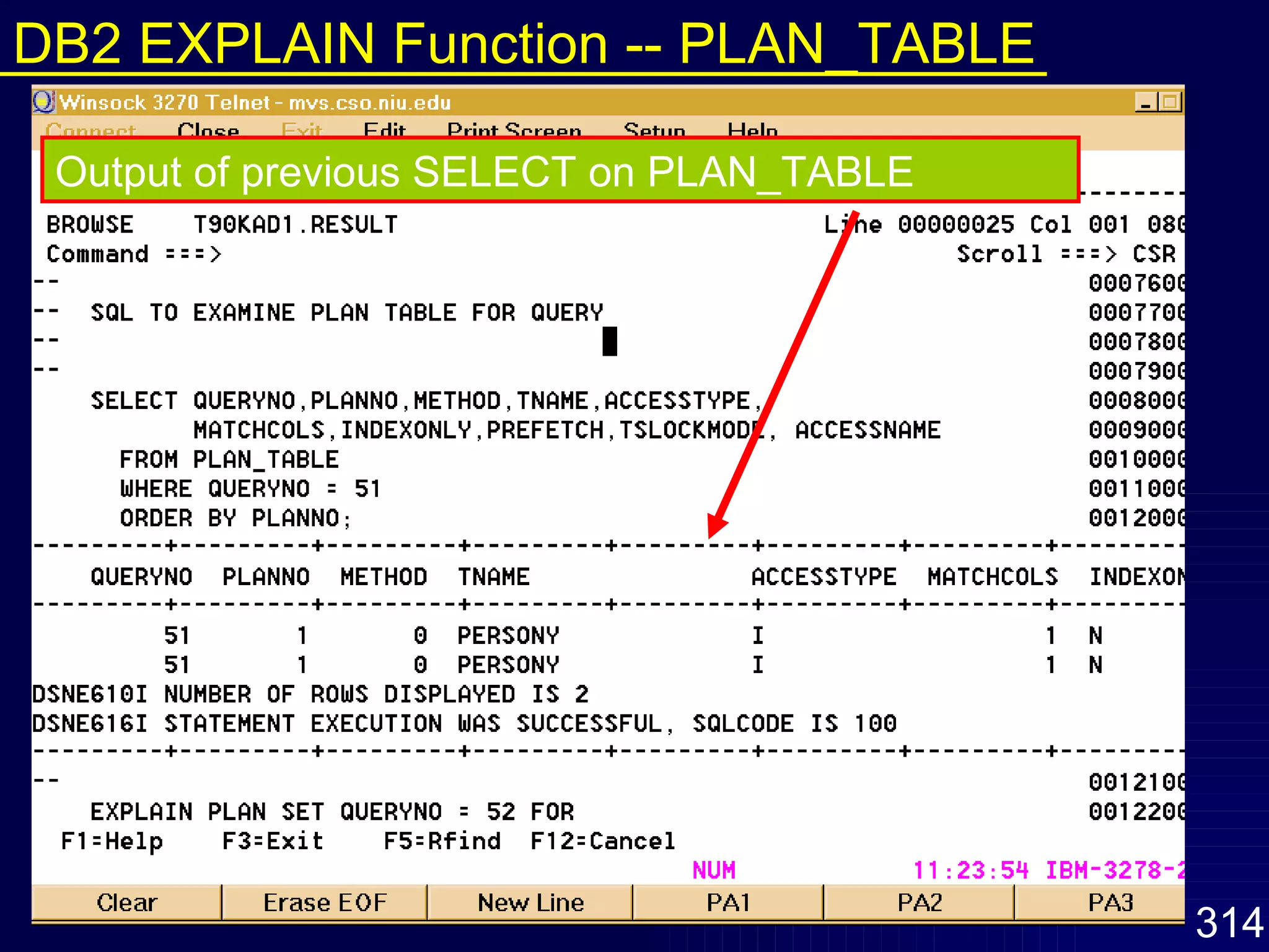 Output of previous SELECT on PLAN_TABLE DB2 EXPLAIN Function -- PLAN_TABLE 